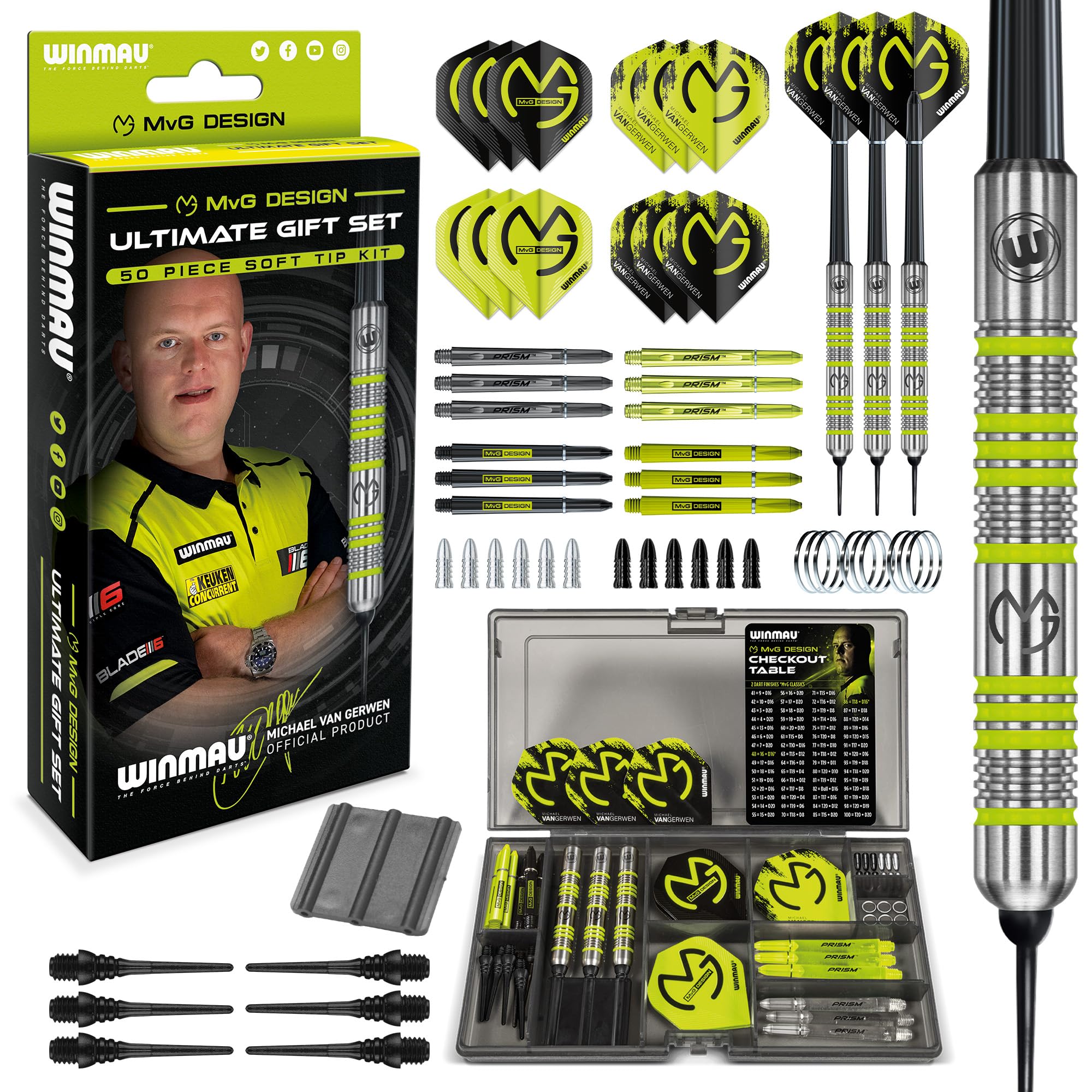 Winmau Michael Van Gerwen Mvg Softip Gift Set - 50 Piece Darts Set With 4 Sets Of Shafts, 4 Sets Of Flights Plus Accessories