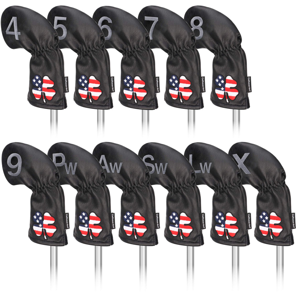 Craftsman Golf 11Pcs /Set (4,5,6,7,8,9,A,S,P,L,X) Usa Us Flag Clover Leather Black Iron Covers Headcover