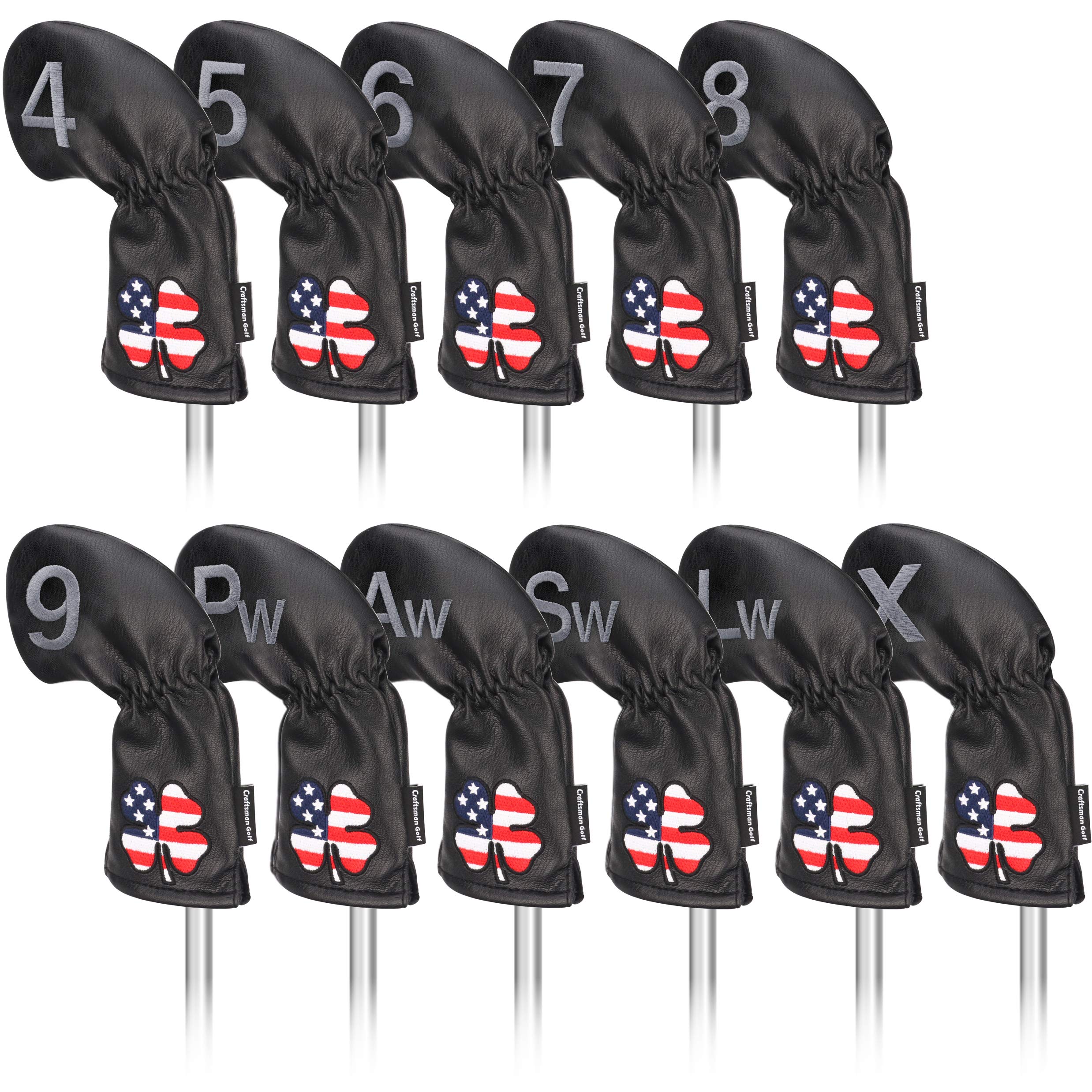 Craftsman Golf 11Pcs /Set (4,5,6,7,8,9,A,S,P,L,X) Usa Us Flag Clover Leather Black Iron Covers Headcover