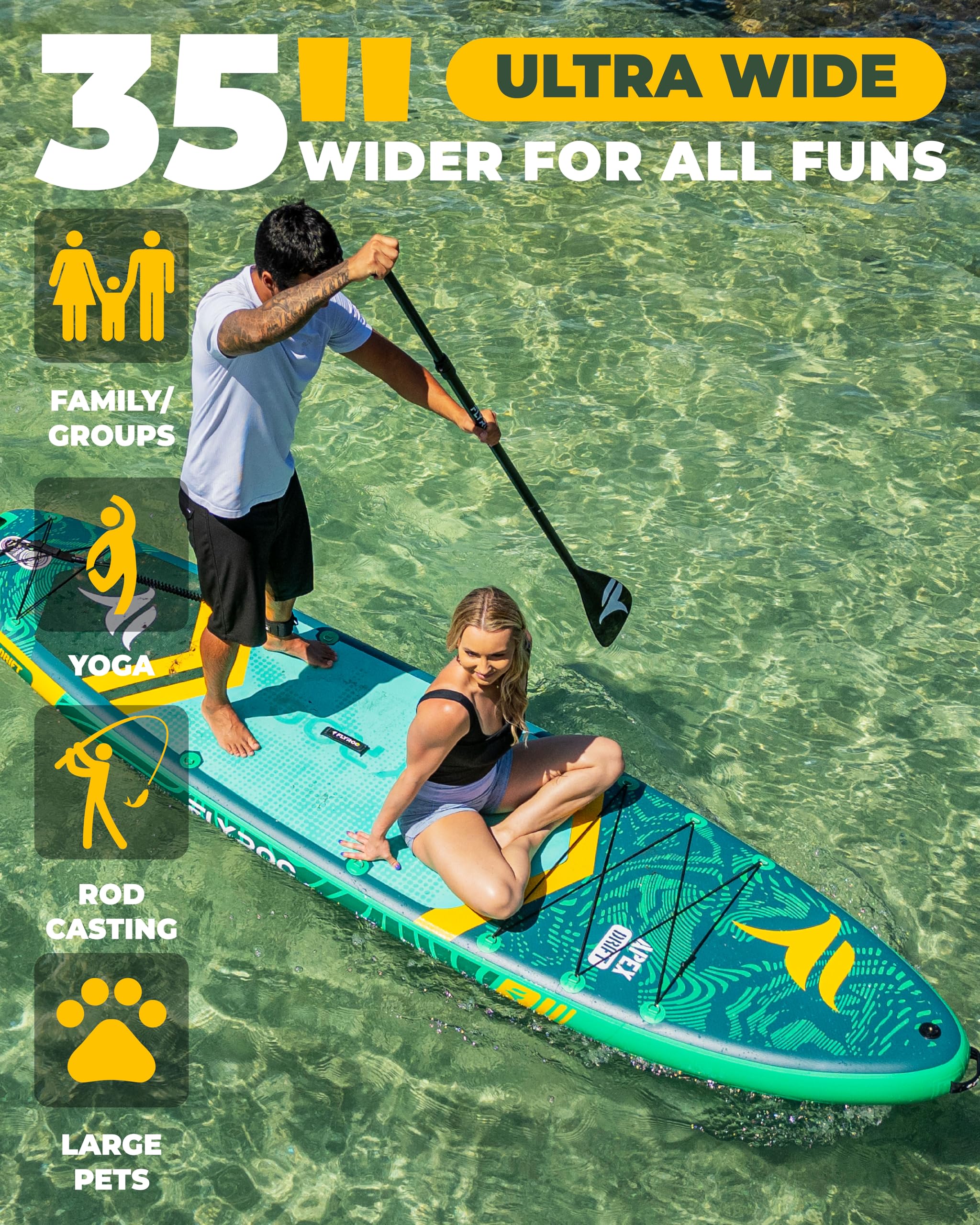 Flyroc 11'6X35'' Extra Wide Inflatable Paddle Board, 450Lb Capacity Stand Up Paddle Board For Adults (X3), Stable Inflatable Sup