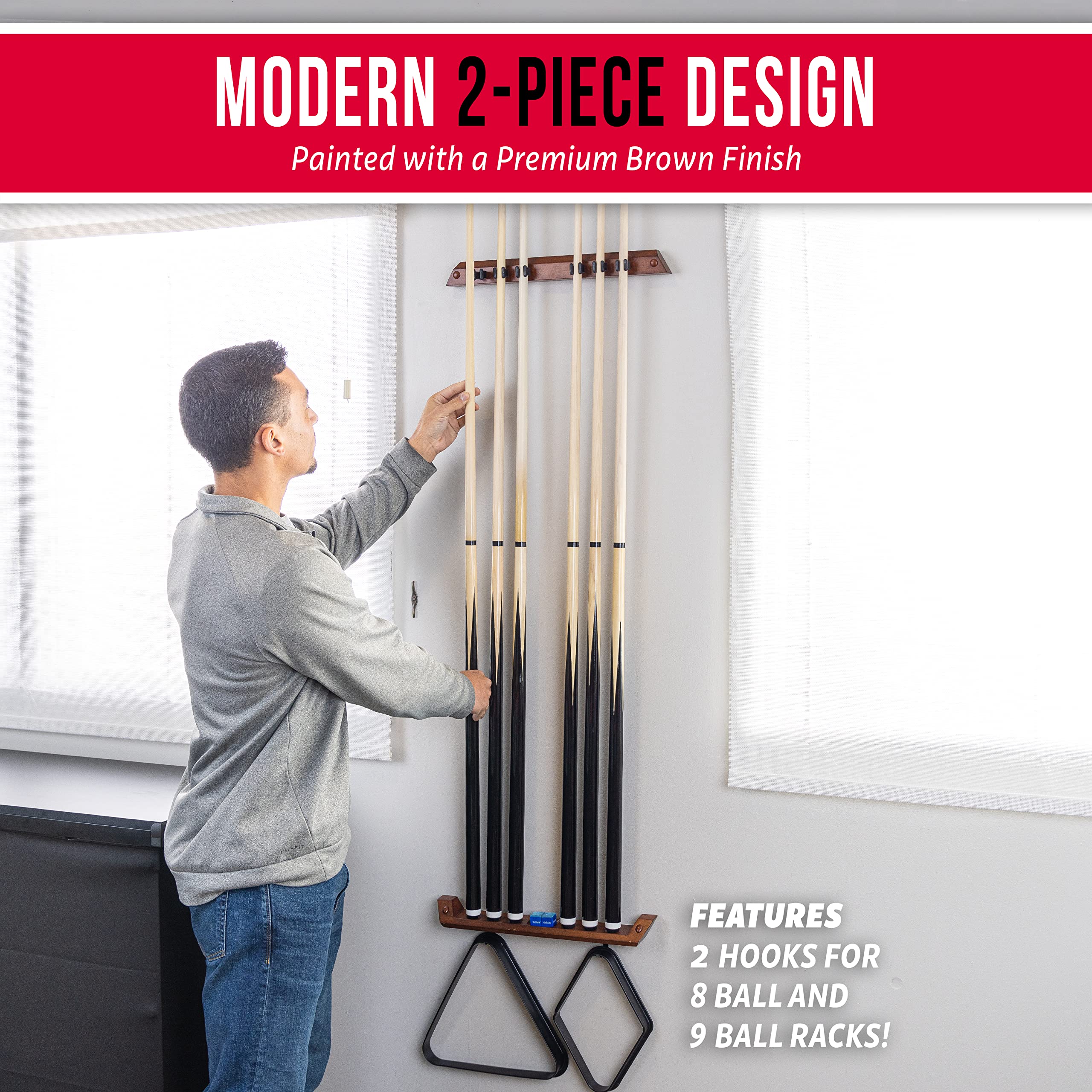 Gosports Wall Mounted Pool Cue Stick Holder - Holds 6 Cues And 2 Triangle Racks - Multiple Colors Available,Brown