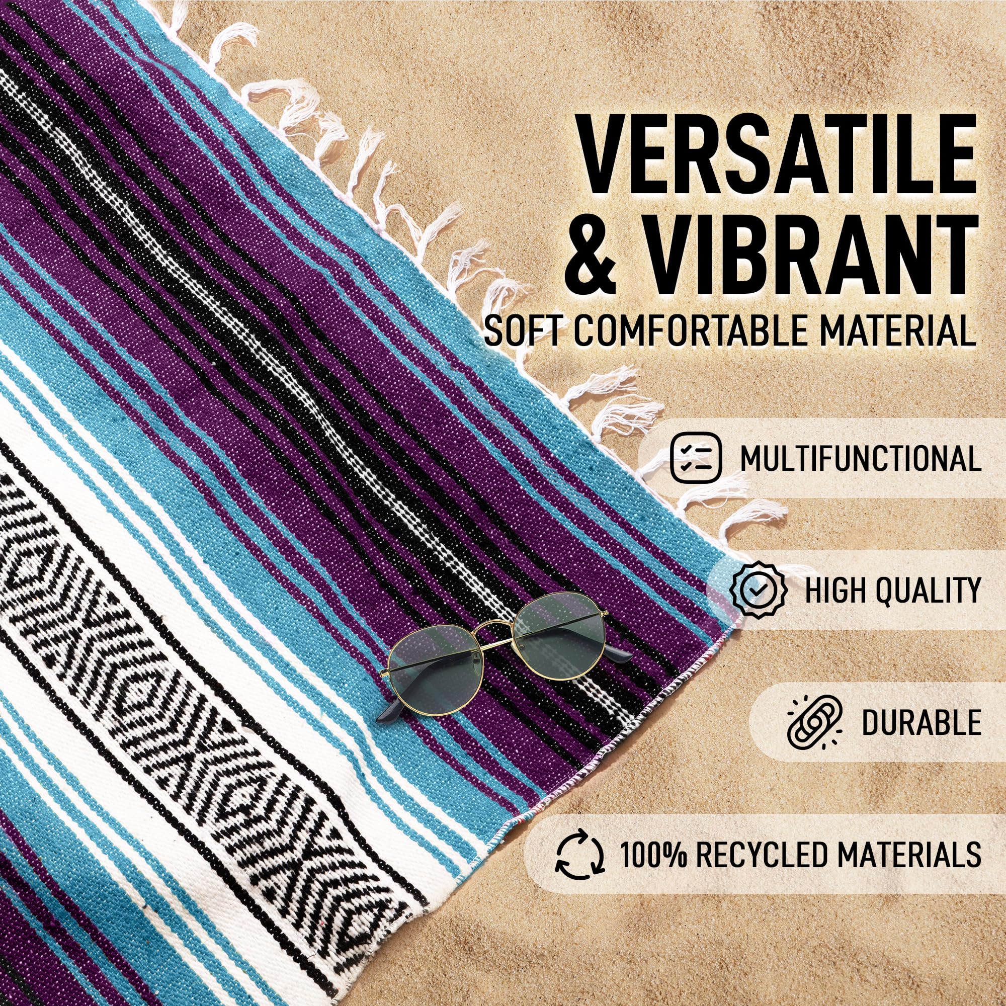 Hydration Nation Authentic Extra Large Mexican Blanket (70X50) - Handwoven Yoga, Serape- Artisanal Falsa, Beach, Camping, Picnic