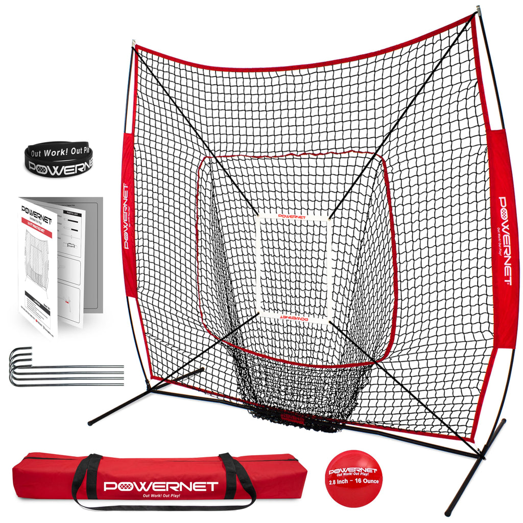 Powernet Baseball Softball Practice Net 7X7 With Baseball Accessories For Practice Pitching & Batting, Ball Caddy, Weighted Base