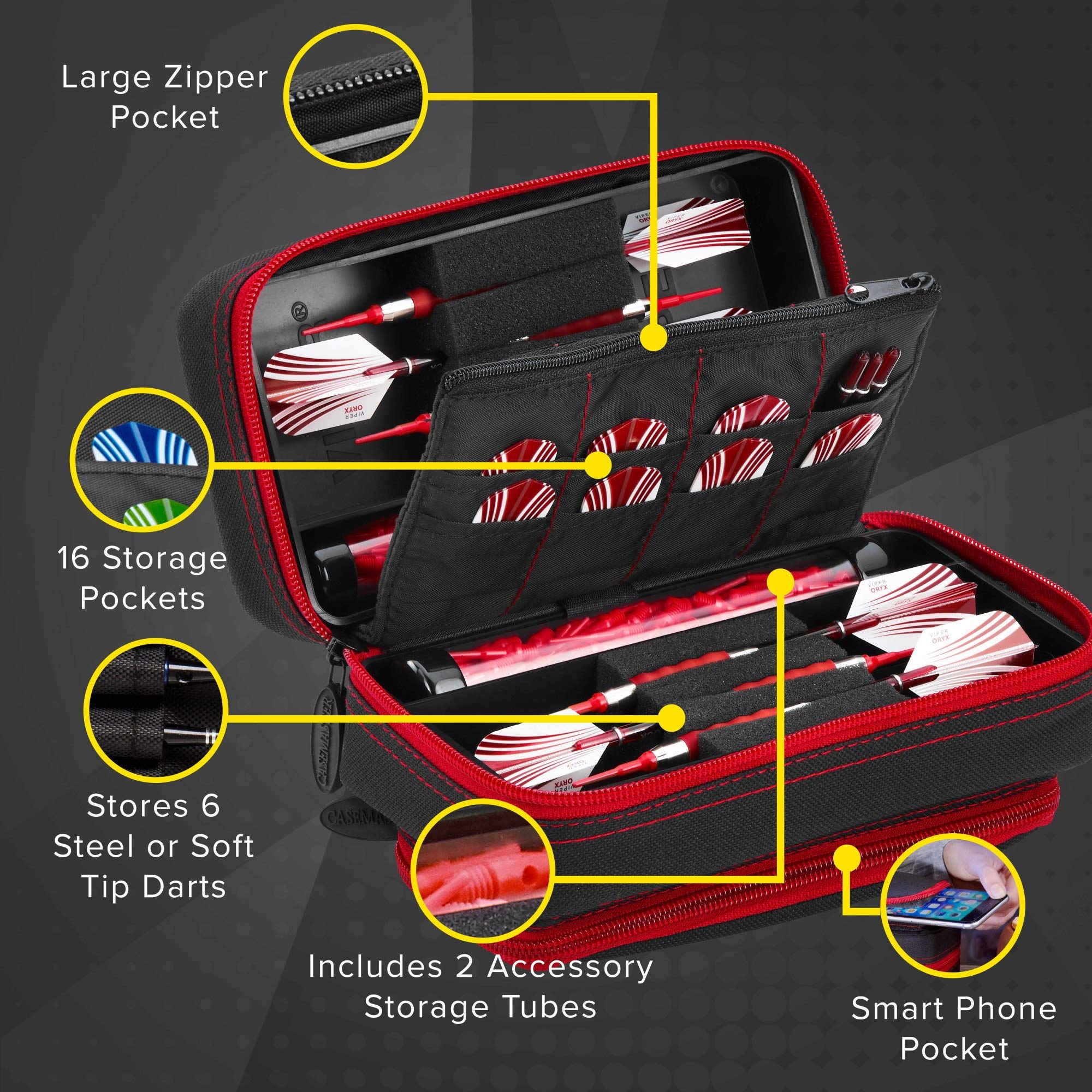 Casemaster By Gld Products Plazma Pro Dart Case Black With Ruby Zipper And Phone Pocket
