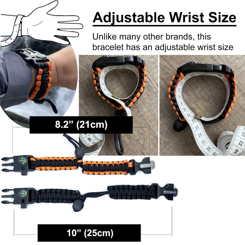 Paracord Survival Bracelets (Pair)  Flint & Steel Fire Starter, Whistle, Compass, Mini Saw  Adjustable Band Size For Camping, Bu