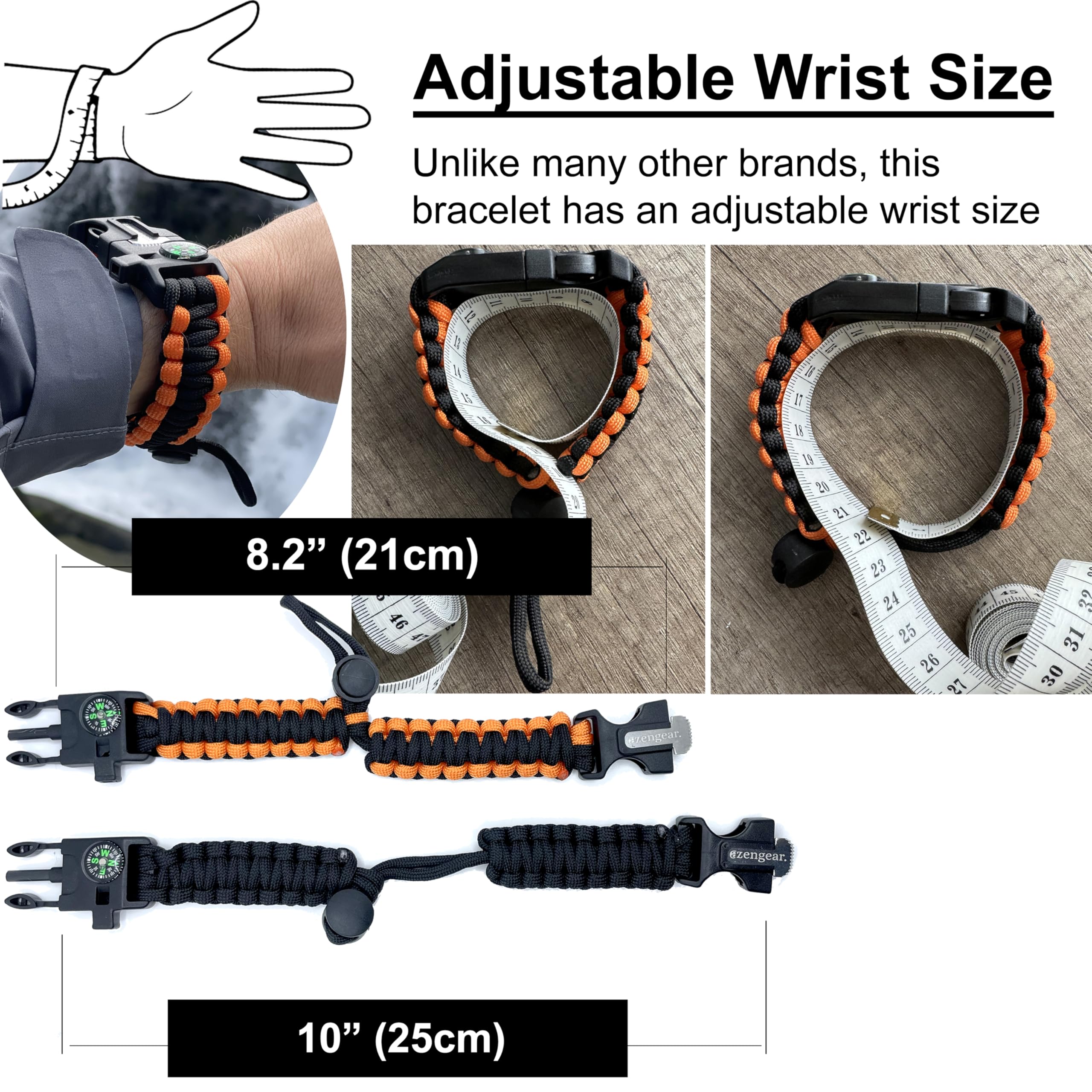 Paracord Survival Bracelets (Pair)  Flint & Steel Fire Starter, Whistle, Compass, Mini Saw  Adjustable Band Size For Camping, Bu