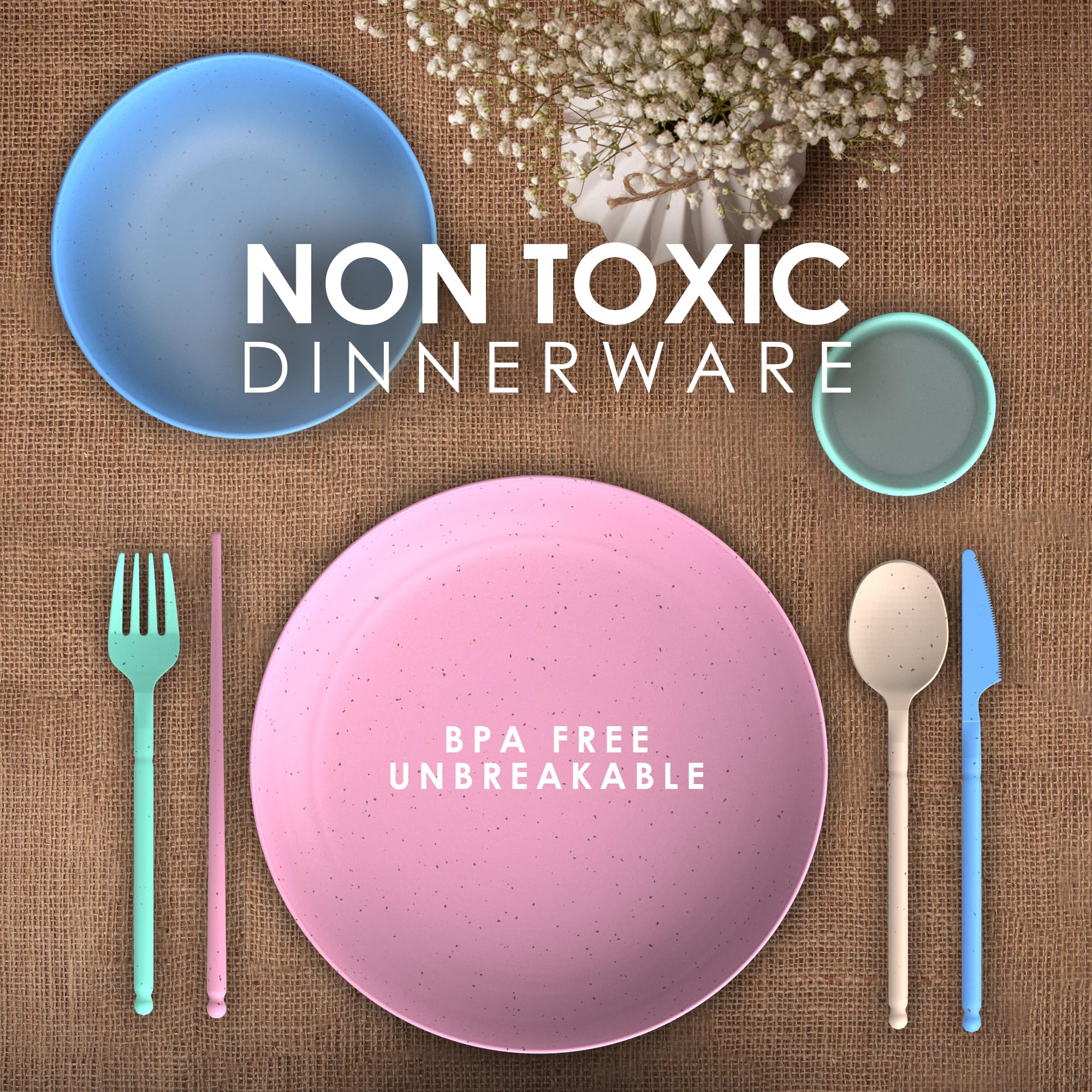 Dinethics Wheatstraw Dinnerware Sets For 4 - Alternate To Plastic Dishes - Dishwasher Safe Microwave Plates - Unbreakable Dinner