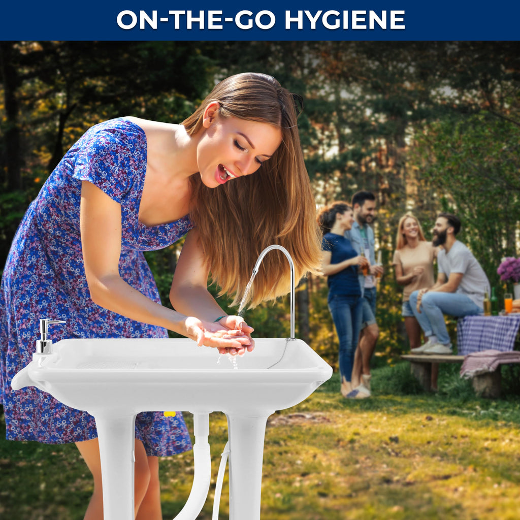 Serenelife Slcasn25 Portable Camping Sink W/Towel Holder & Soap Dispenser-30L Water Capacity Hand Wash Basin Stand W/Rolling Whe