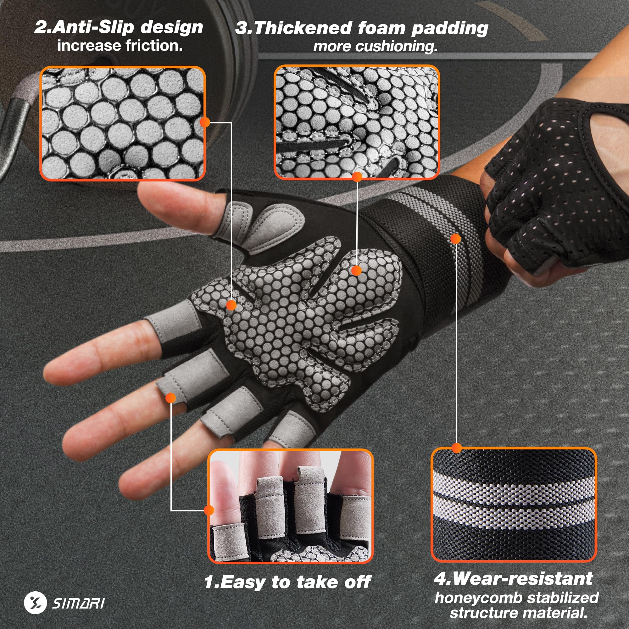 Simari Breathable Workout Gloves For Men Women, Padded Weight Lifting Gloves With Wrist Wraps Support, Full Palm Protection, Gri