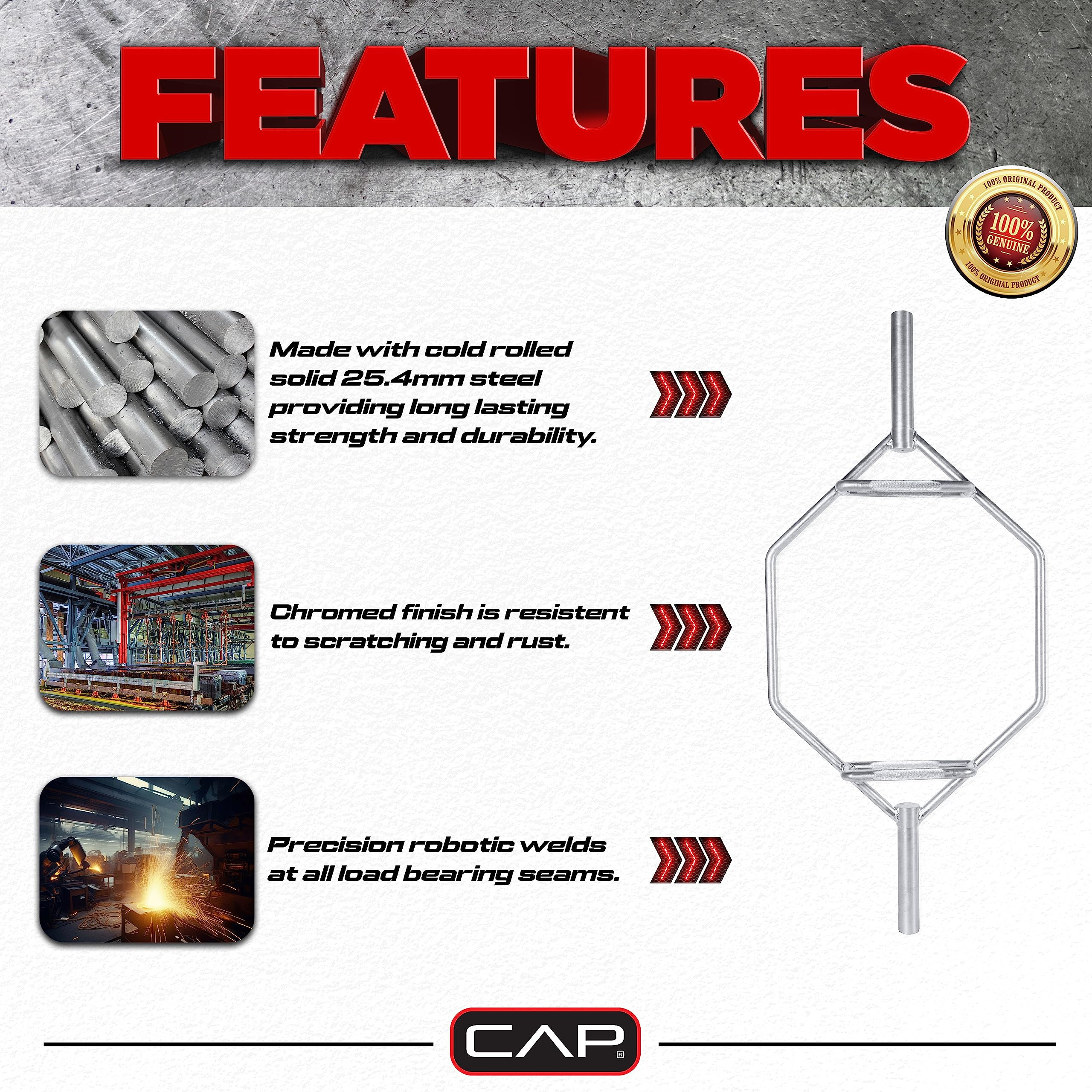 Cap Barbell Olympic Hex Bar, Trap Bar, Shrug Bar, Deadlift Bar With Combo Grips, Chrome - New Version (Obis-89Hc)