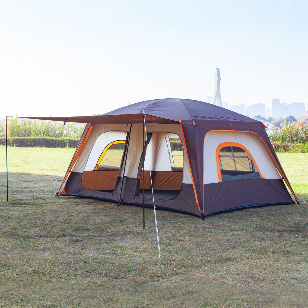 Ktt Extra Large Tent 8-10 Person,Awning Family Cabin Tents,2 Rooms,3 Doors And 3 Windows With Mesh,Straight Wall,Waterproof,Doub