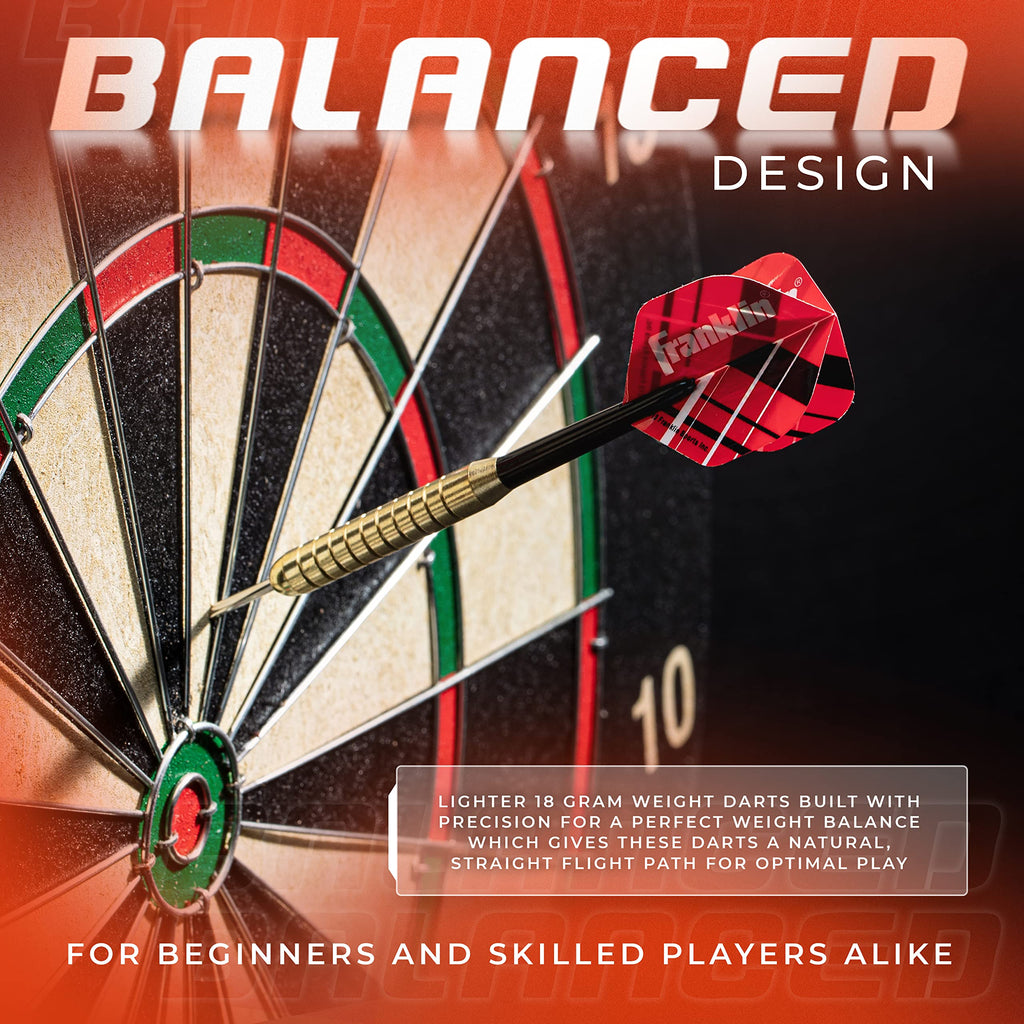 Franklin Sports Steel Tip Darts Set - 6 Pack Of 18 Gram Steel Darts - Removable Standard Nylon Flights And Brass Barrels - Light
