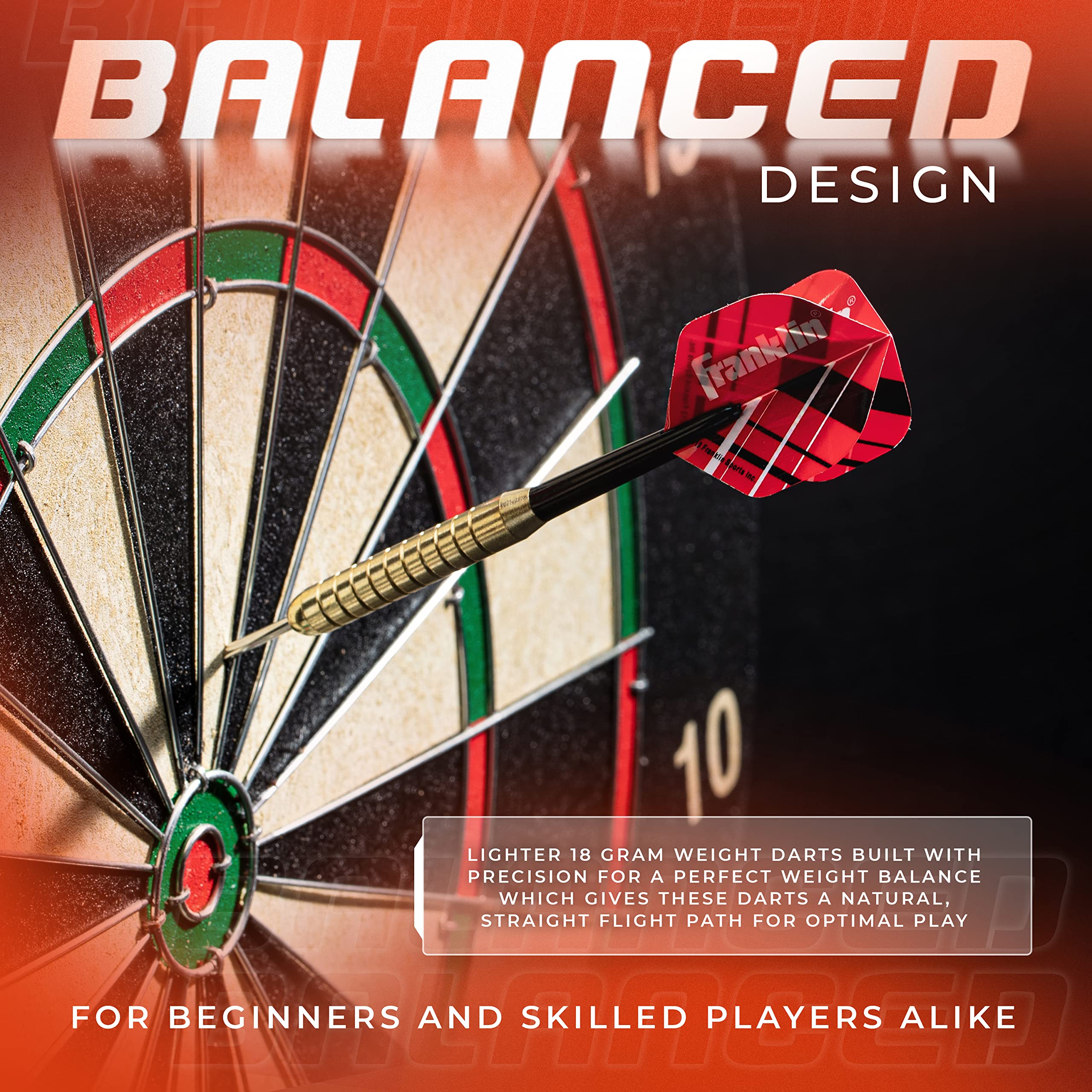Franklin Sports Steel Tip Darts Set - 6 Pack Of 18 Gram Steel Darts - Removable Standard Nylon Flights And Brass Barrels - Light