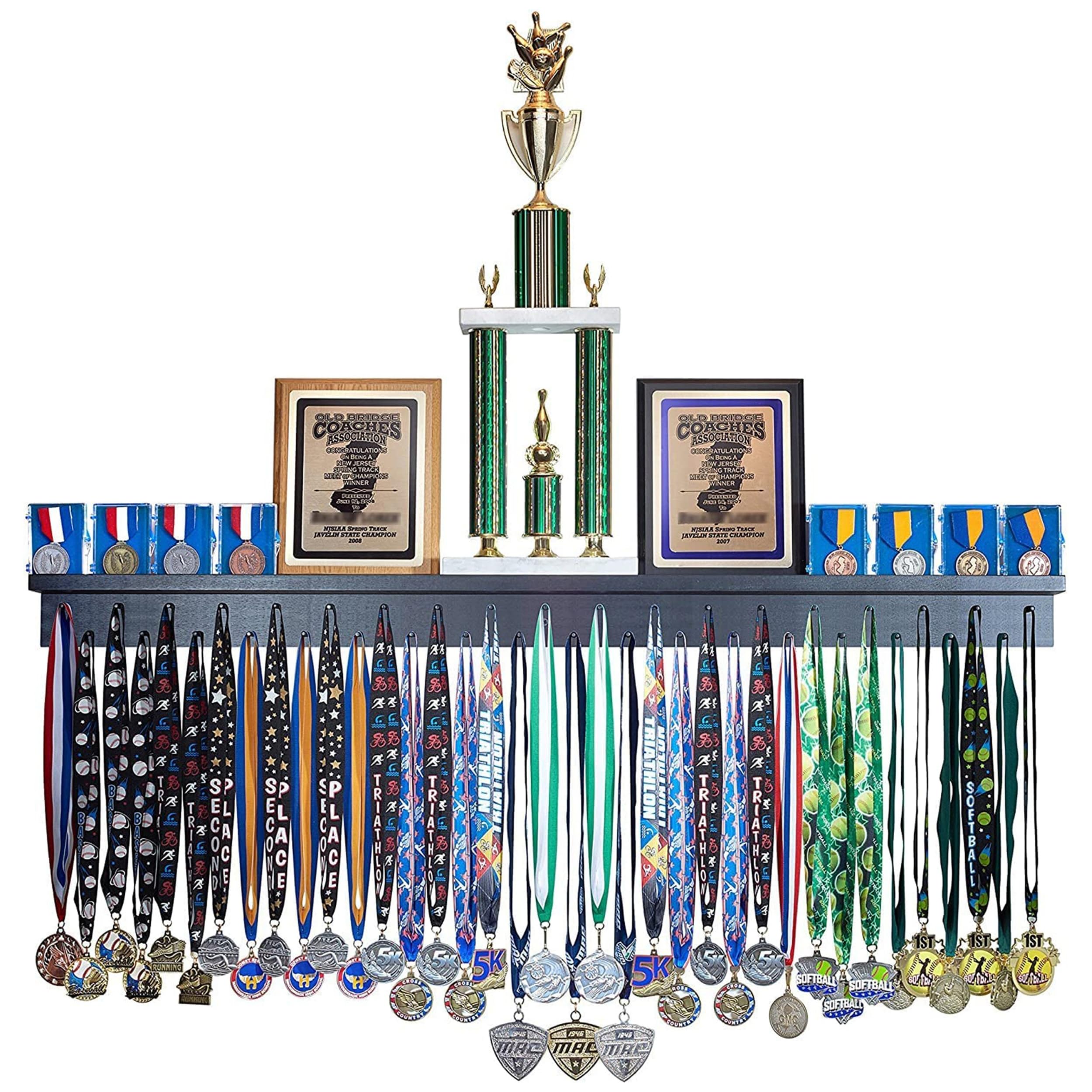 MedalAwardsRack 4ft- Premier Medal Hanger Display Rack and Trophy Shelf for Gymnastics, Soccer, Basketball, Football, and More. The Largest Medal and Award Display- 48” - Black-New Condition