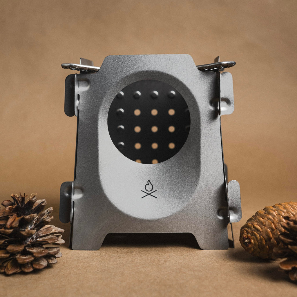 Berleben Stker Titanium Twig Stove - Ultralight Flatpack Camp Stove With Kchen-X Grill Grate, Fuel-Free Organic Burner, Waxed Ca