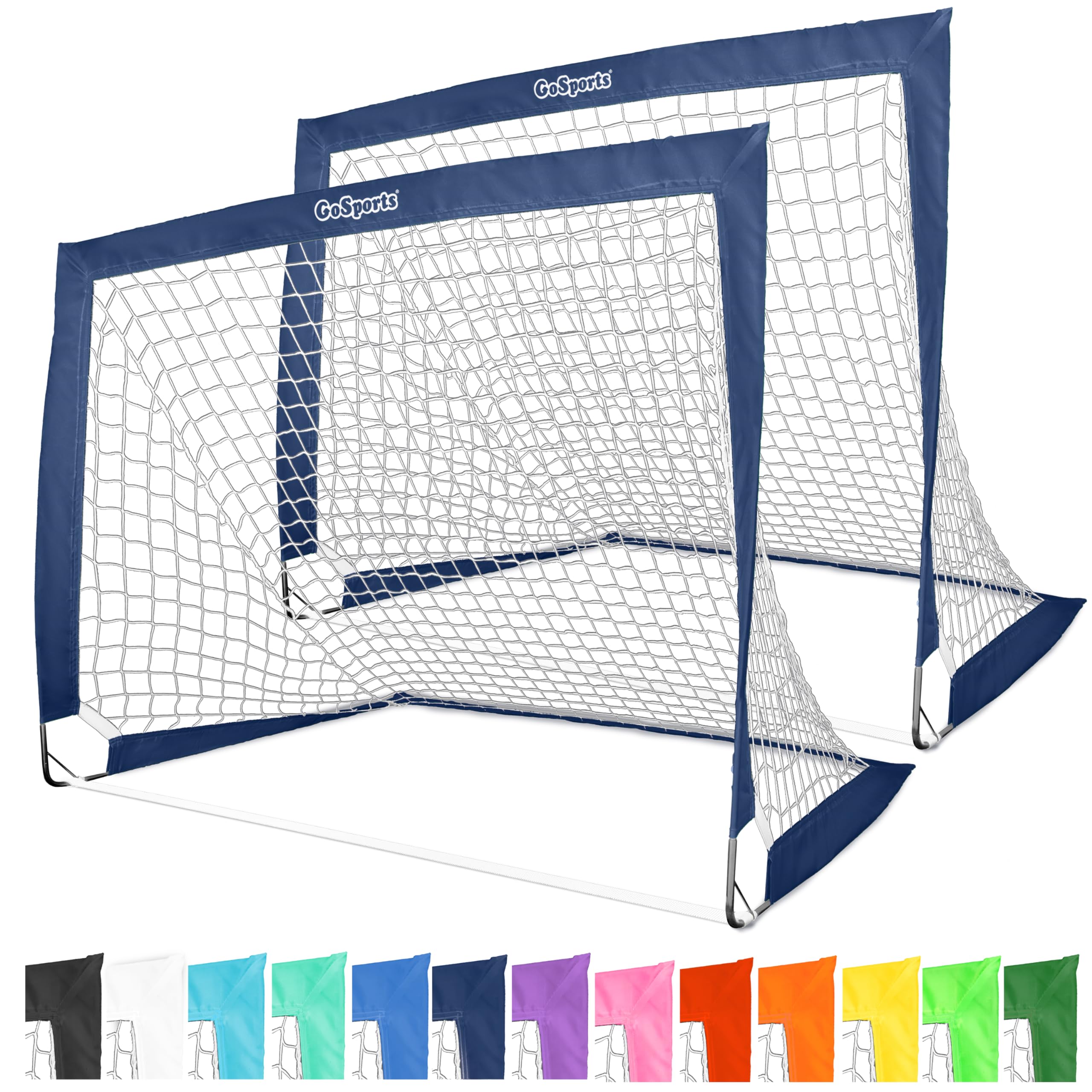 GoSports Team Tone 4 ft x 3 ft Portable Soccer Goals for Kids - Set of 2 Pop Up Nets for Backyard - Navy