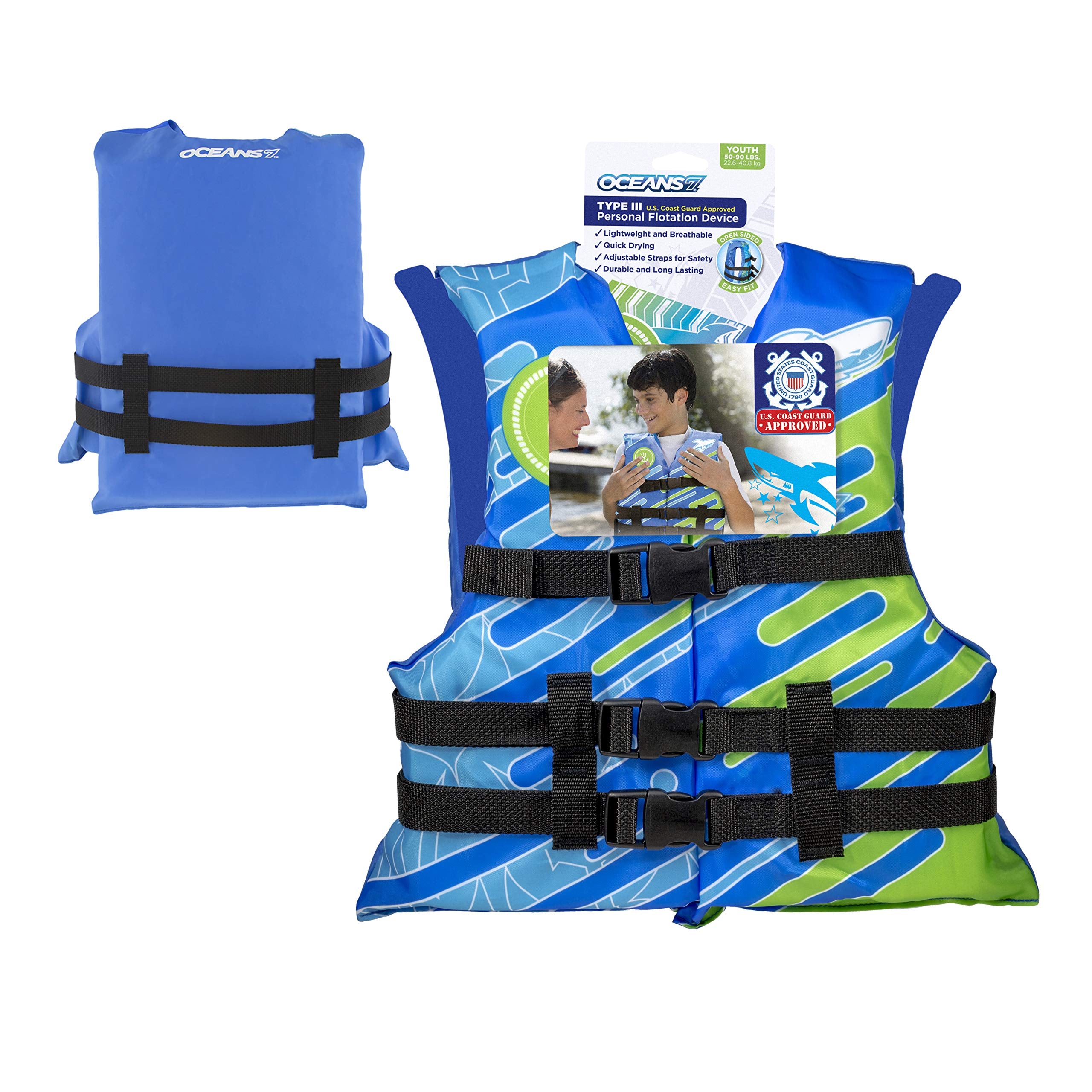 Oceans7  Us Coast Guard-Approved, Type Iii -  Youth Life Jacket  - Personal Flotation Device With With Comfortable Flex-Form-Fit