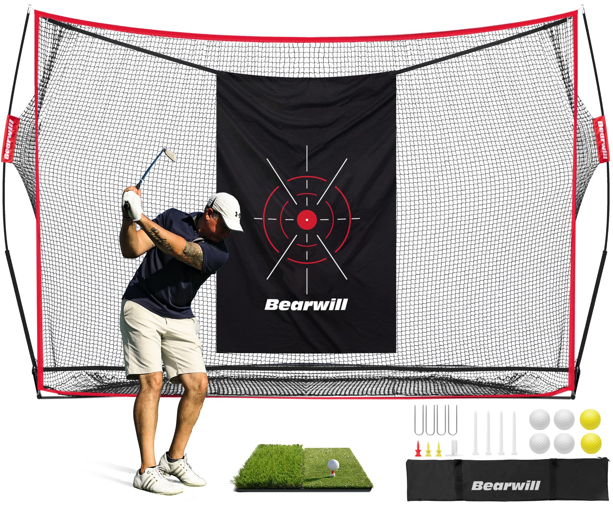 Bearwill Golf Net, 10x7ft Heavy Duty Golf Practice Net with Golf Mat, Target Cloth, 8 Golf Tees, 6 Golf Balls, Carry Bag, Golf T