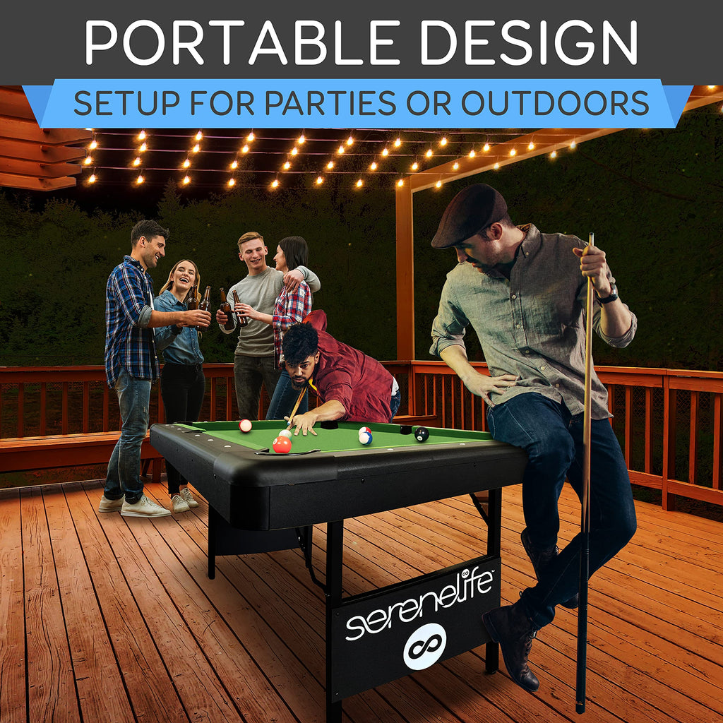 Serenelife 6-Ft Folding Pool Table - Portable Billiard Table - Includes 2X Cue Sticks, Full Set Of Balls, Chalk, Brush - Foldabl