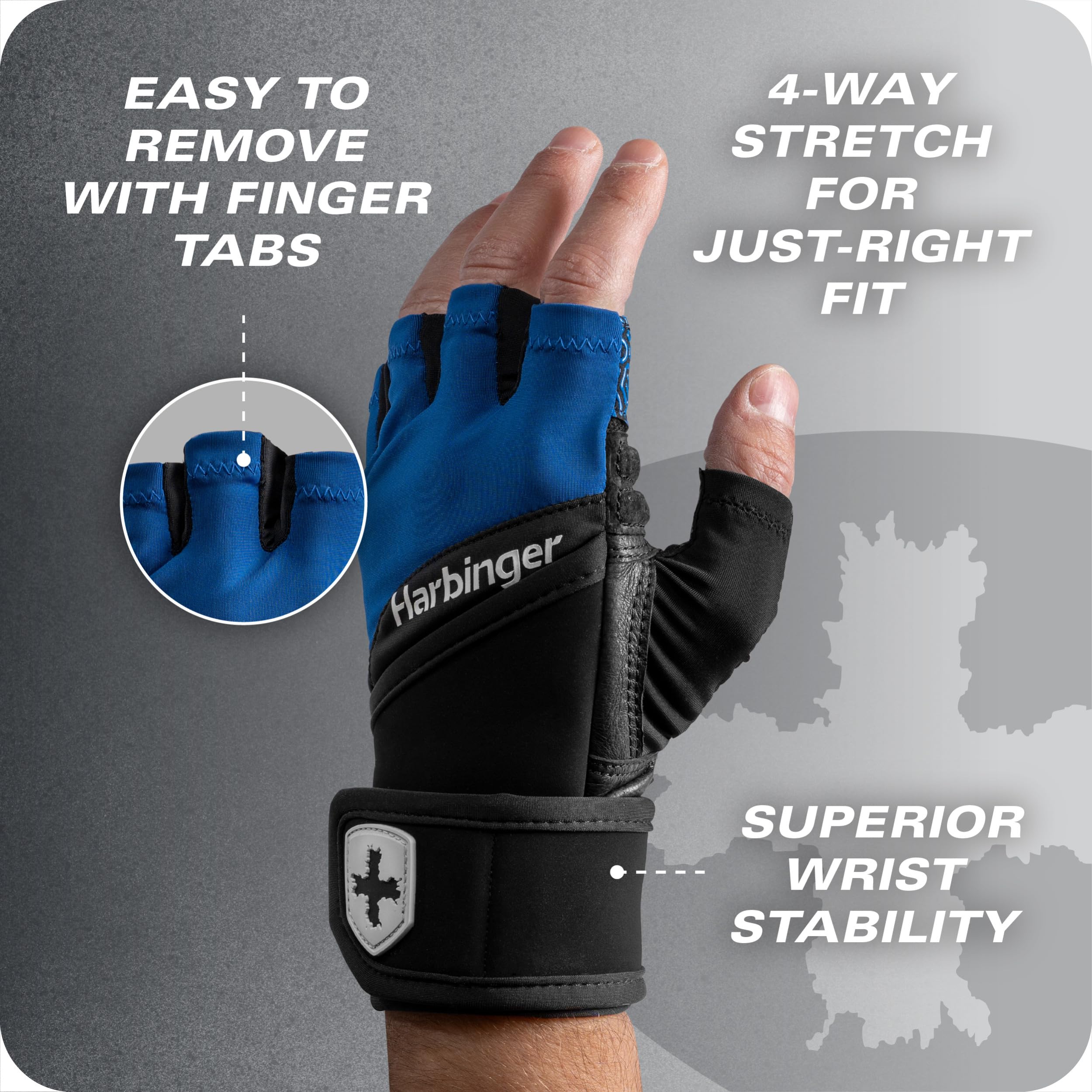 Harbinger Training Grip Wrist Wrap Gloves - Enhanced Grip & Wrist Support, Breathable Lycra Back, Padded Leather Palm, Half-Fing