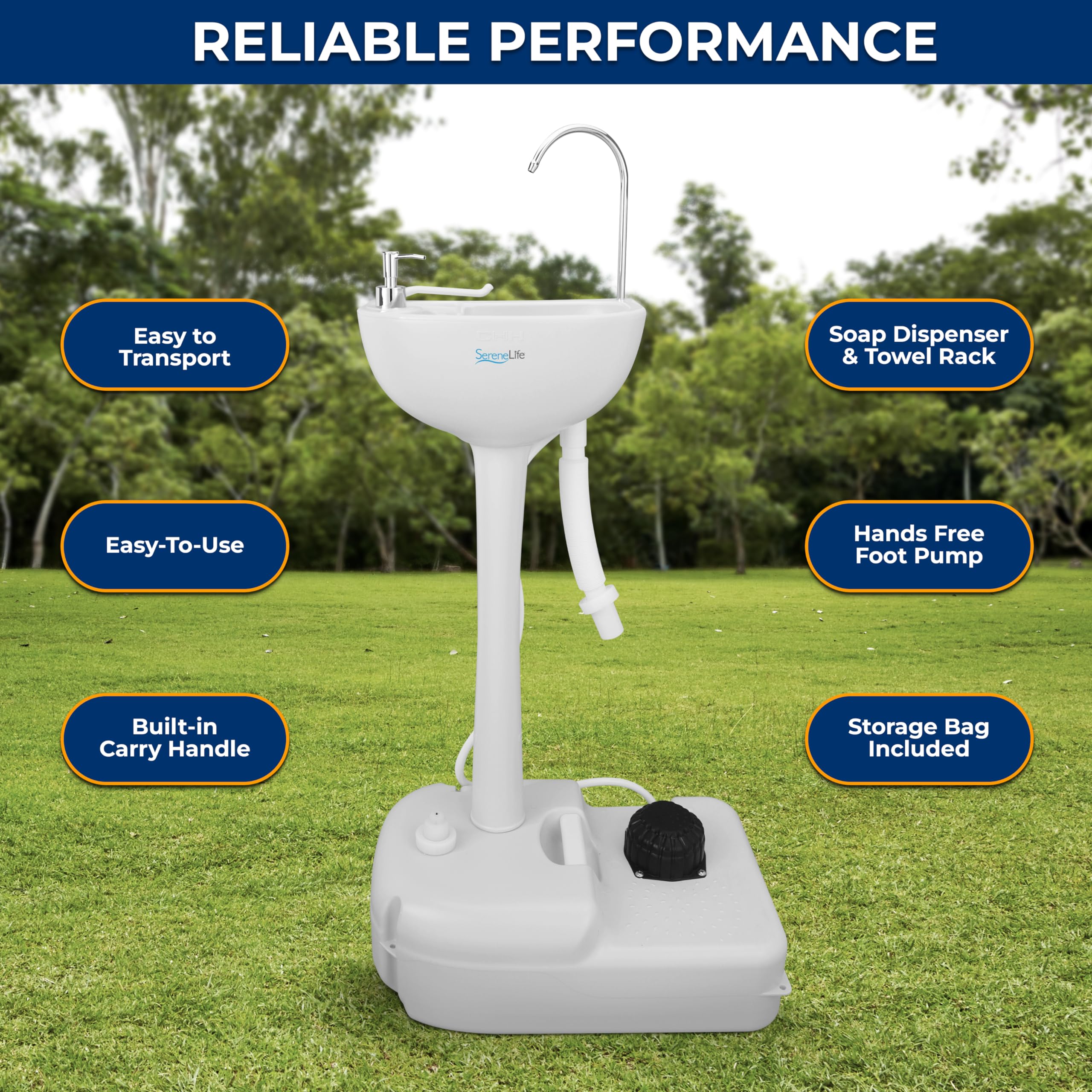 Serenelife Portable Camping Sink W/Towel Holder & Soap Dispenser-19L Water Capacity Hand Wash Basin Stand W/Rolling Wheels-For O