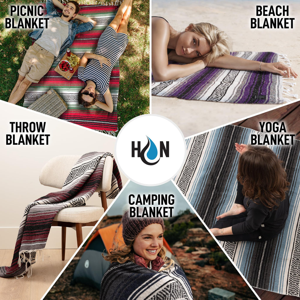 Hydration Nation Authentic Extra Large Mexican Blanket (70X50) - Handwoven Yoga, Serape- Artisanal Falsa, Beach, Camping, Picnic