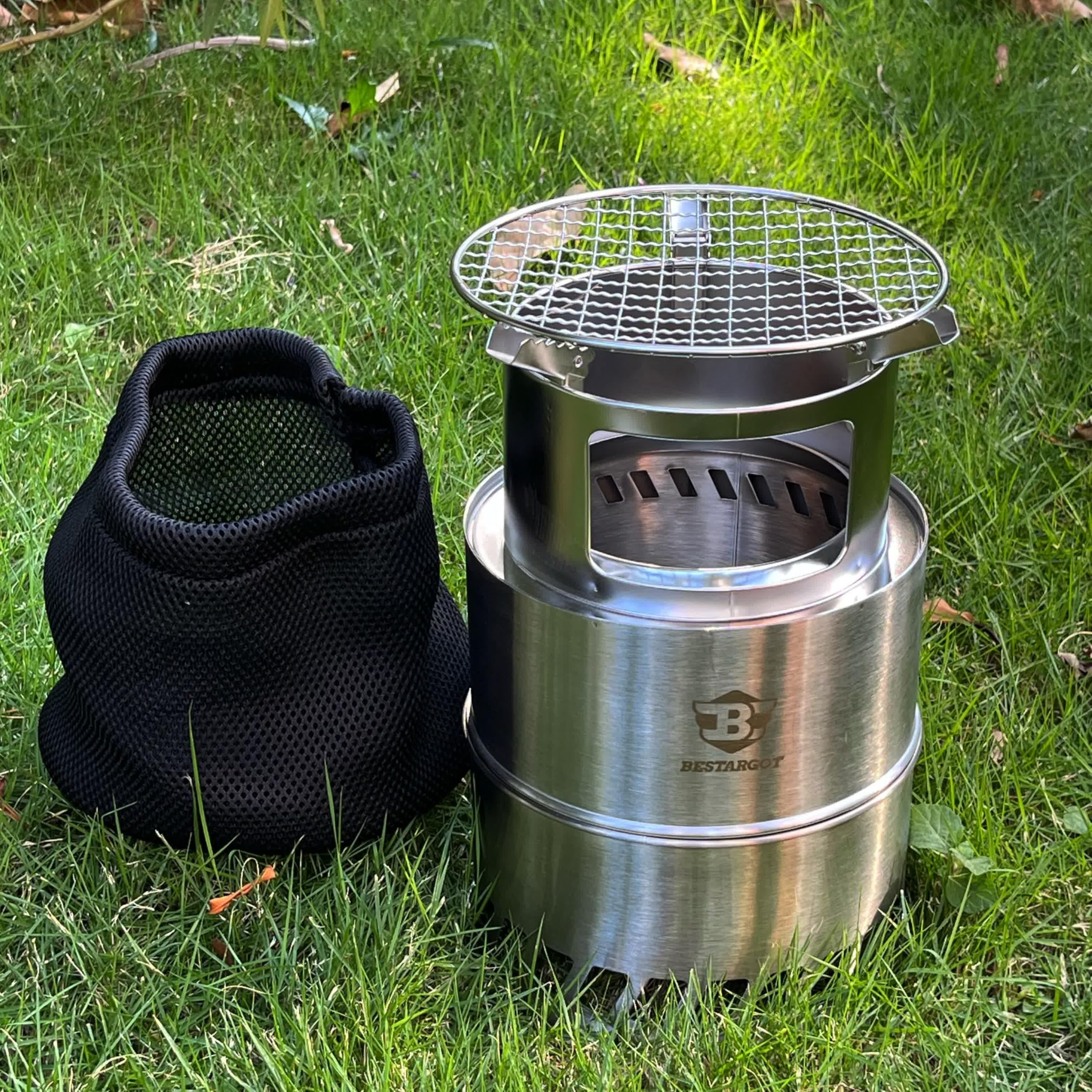 Bestargot Camping Wood Stove, Extra Large, Portable Smokeless Fire Pit, Stainless Steel, Windproof & Stackable Gas Burner For Ca