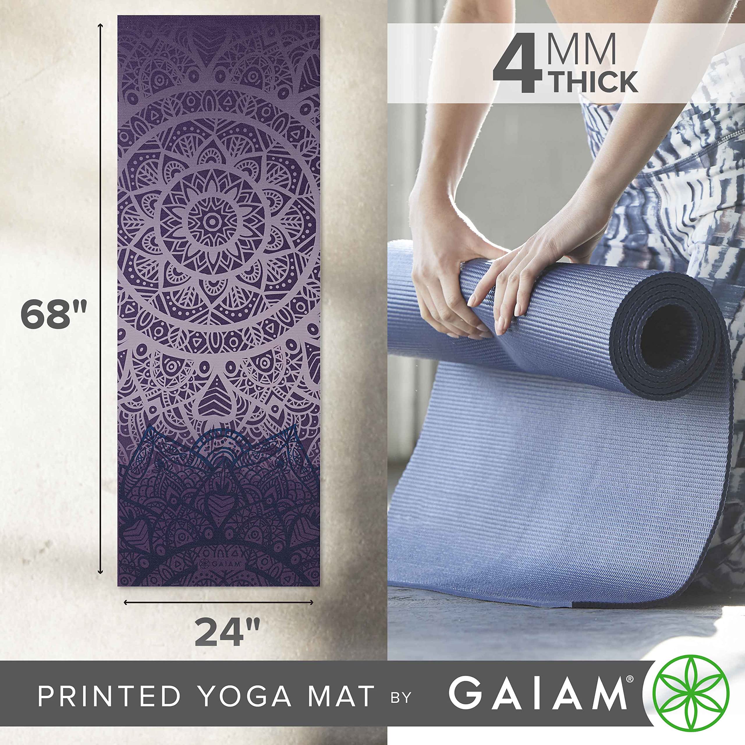 Gaiam Yoga Mat Classic Print Non Slip Exercise & Fitness Mat For All Types Of Yoga, Pilates & Floor Workouts, Purple Lattice, 4M