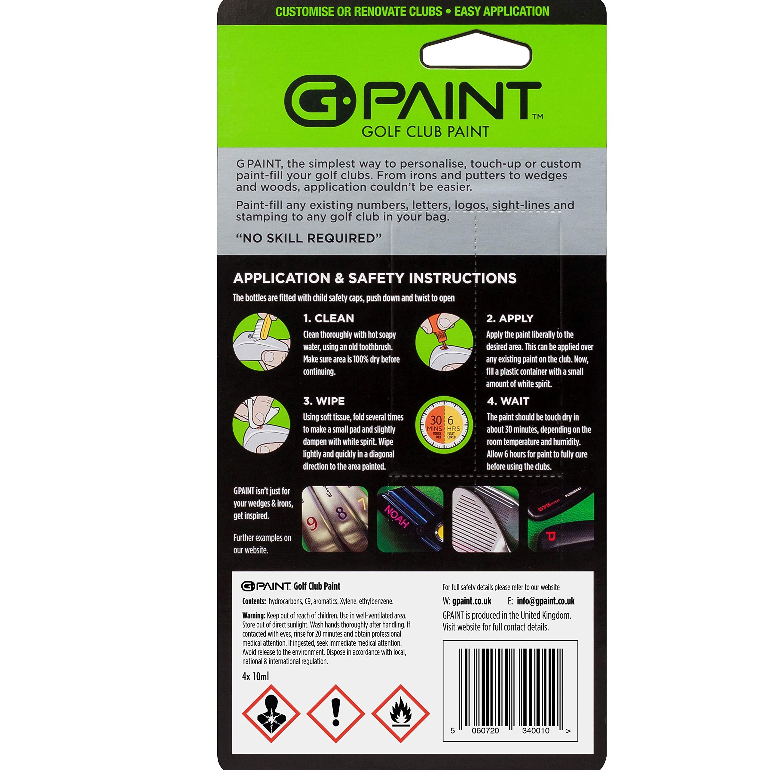 G-Paint Golf Club Paint - Touch Up, Fill In, Customize Or Renovate Your Clubs - 4 Pack Of 10Ml Bottles. Black, White, Red & Blue