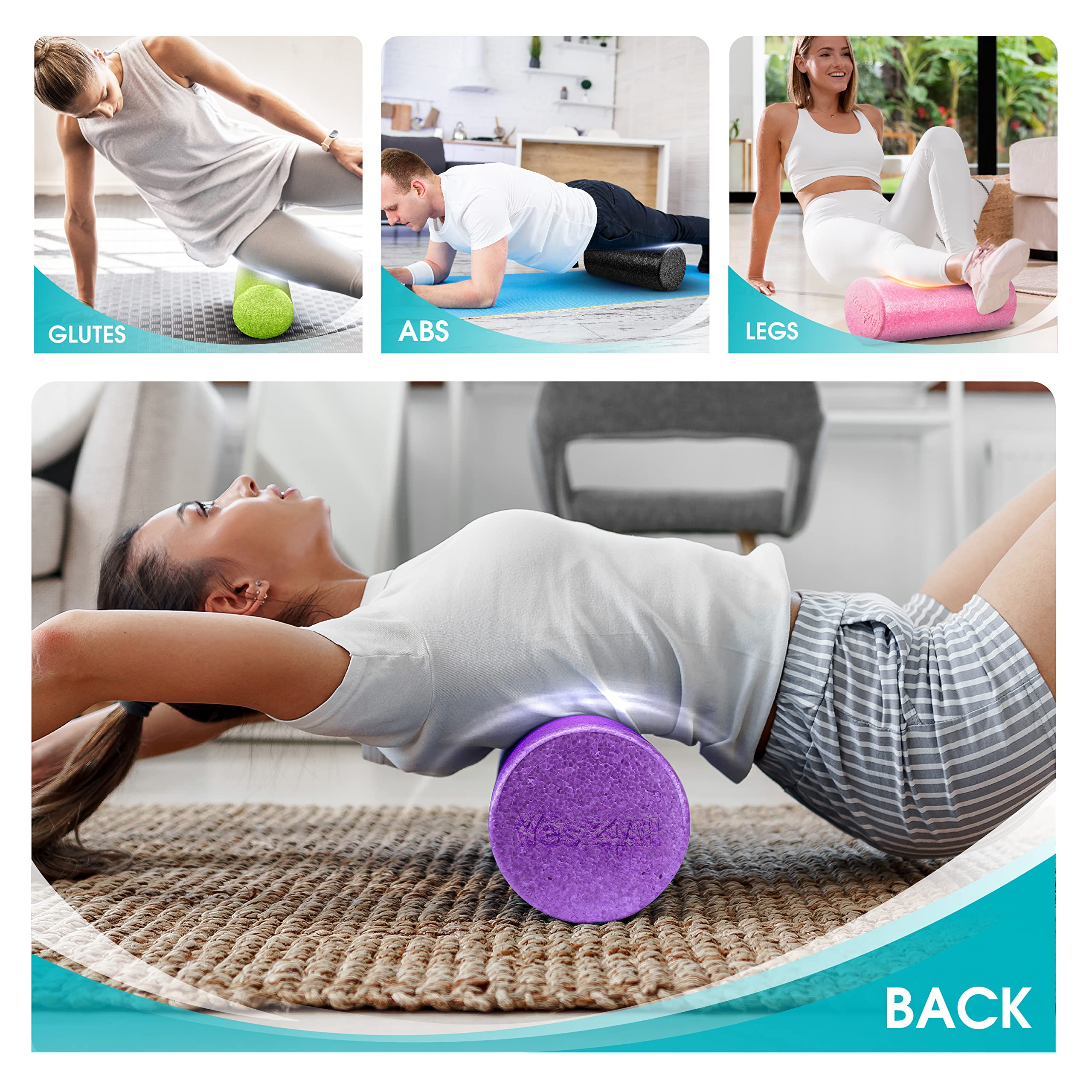 Yes4All High-Density EPP Round Back Roller Foam, Exercise Foam Roller for Yoga, & Pilates, Multiple Sizes and Colours, Turquoise