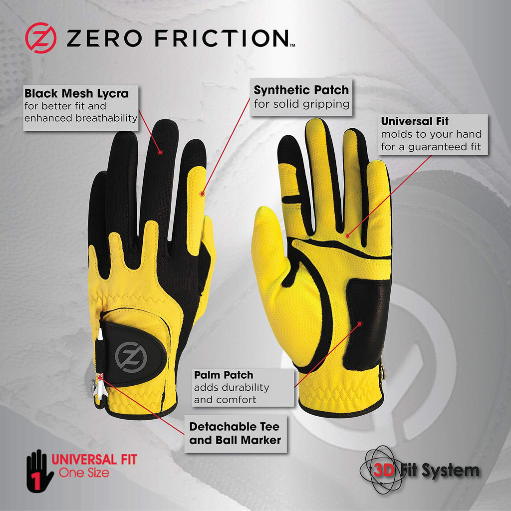 Zero Friction Male Men'S Compression-Fit Synthetic Golf Glove (2 Pack), Universal Fit Black/Yellow, One Size (Gl00111)
