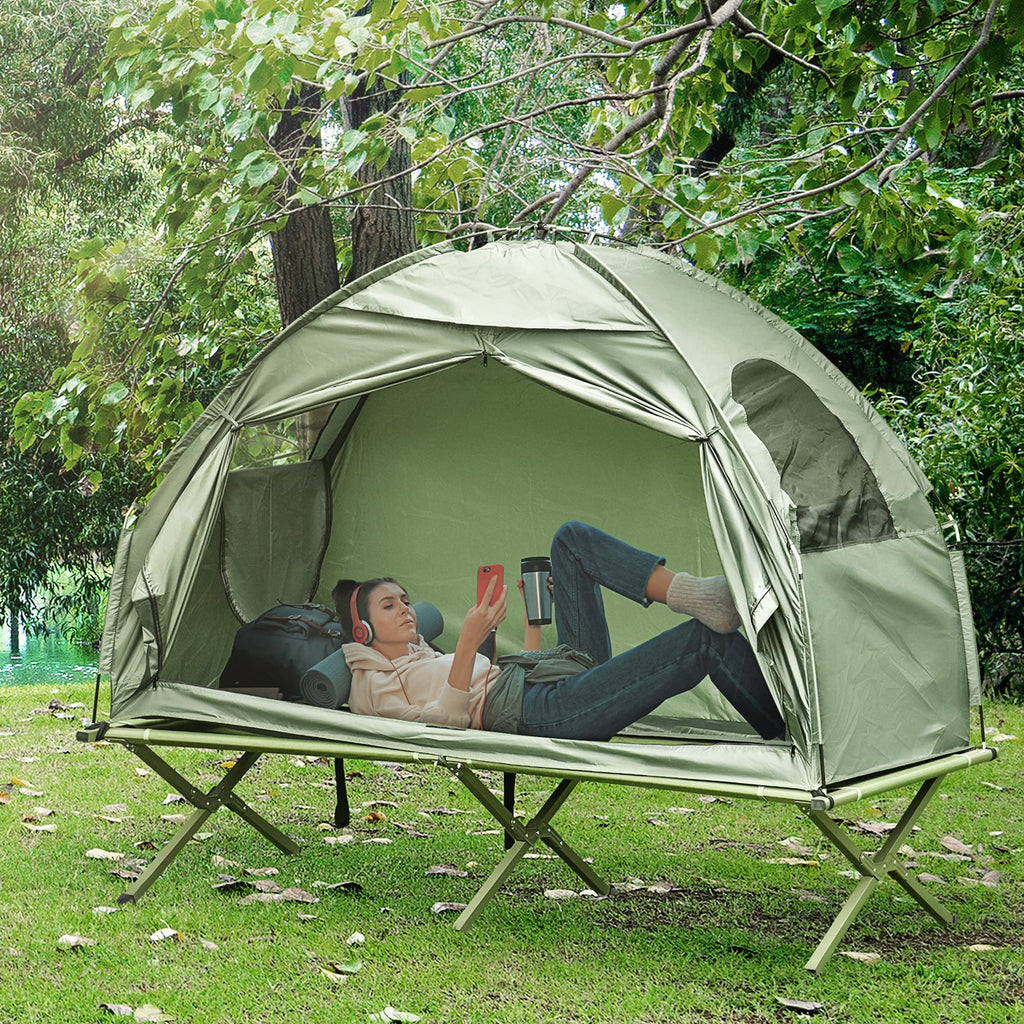 Outsunny Camping Tent Cot, Single Person Folding Cot Combo, Off-Ground Tent, Covered Outdoor Bed With Carry Bag For Hiking, Camp
