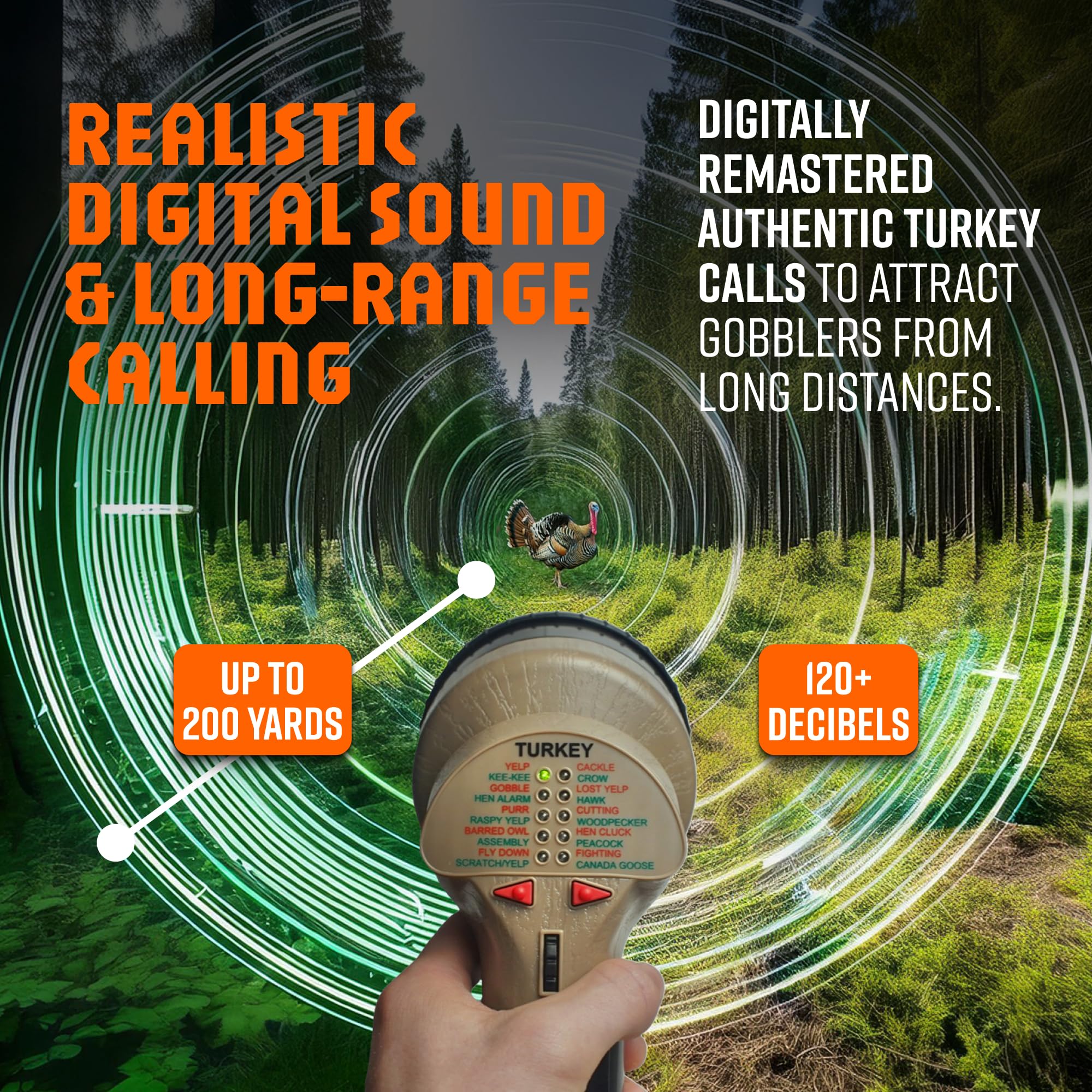 Mega Amp 20X Turkey Call, Loud Handheld Electronic Game Call, 20 Authentic Wild Turkey Sounds, Digital Directional Calling Devic