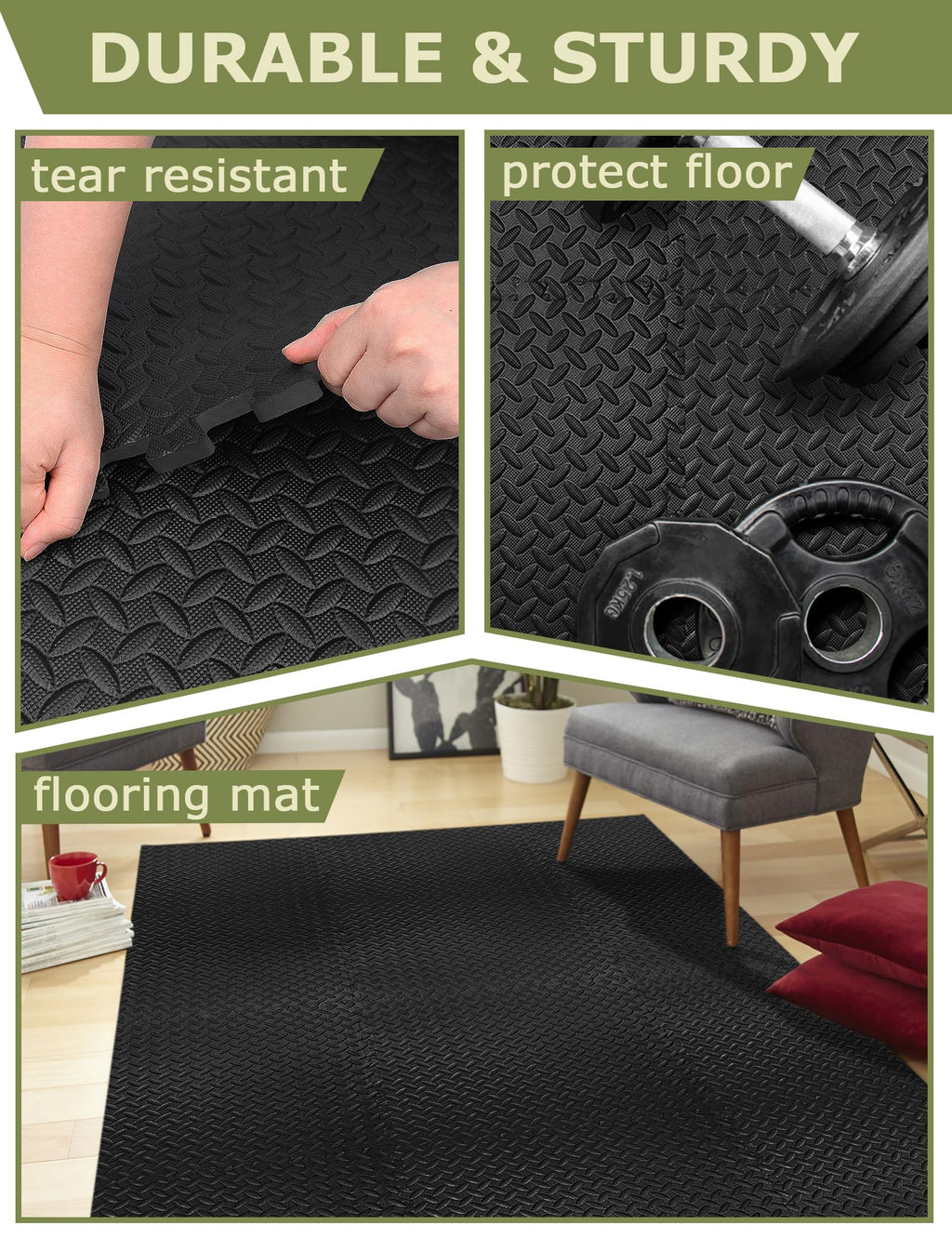 Innhom Gym Flooring Gym Mats Exercise Mat For Floor Workout Mat Foam Floor Tiles For Home Gym Equipment Garage, 12 Pieces Black