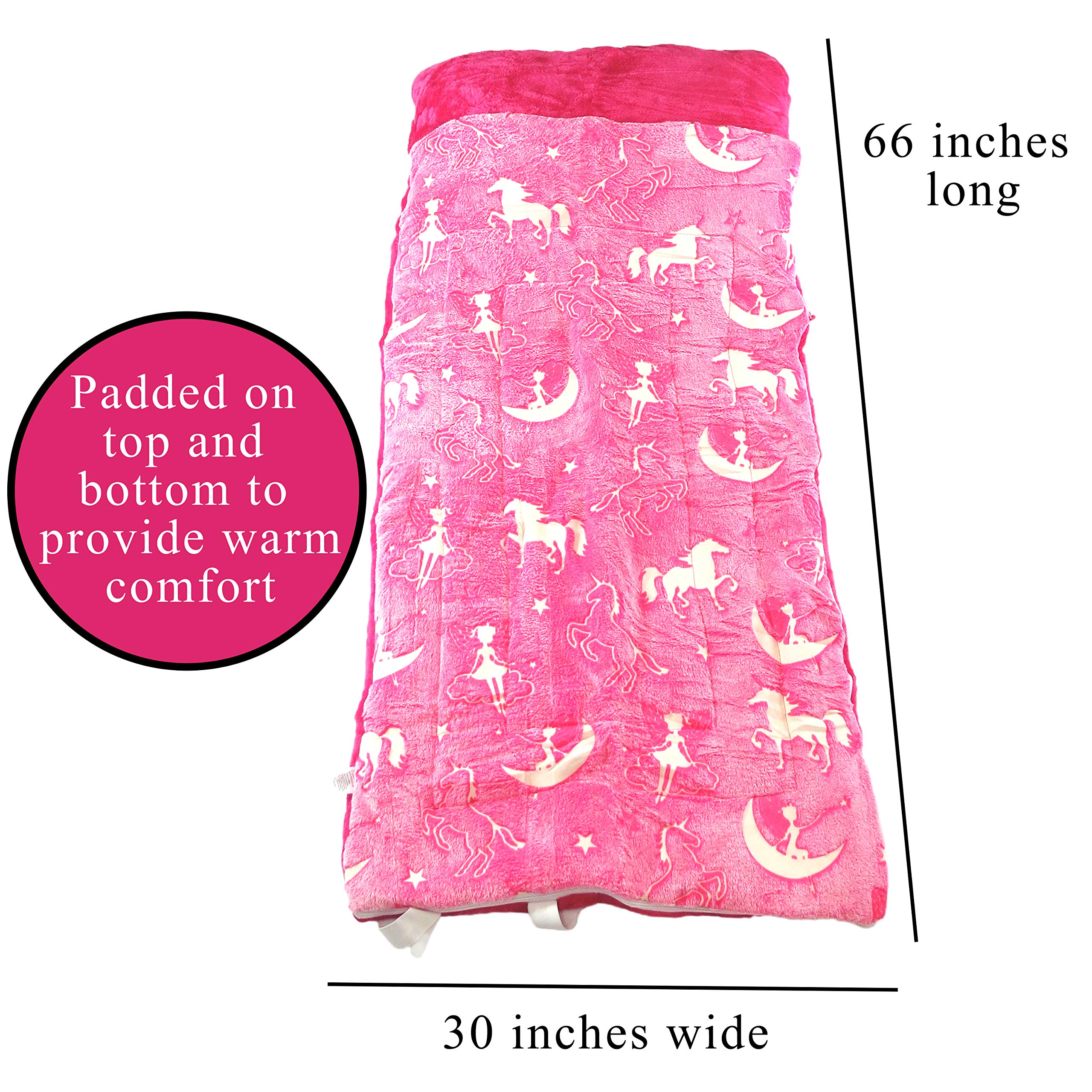 Glow-In-The-Dark Unicorn Sleeping Bag For Girls - Plush, Luminescent Pink Nap Mat, 66 X 30In