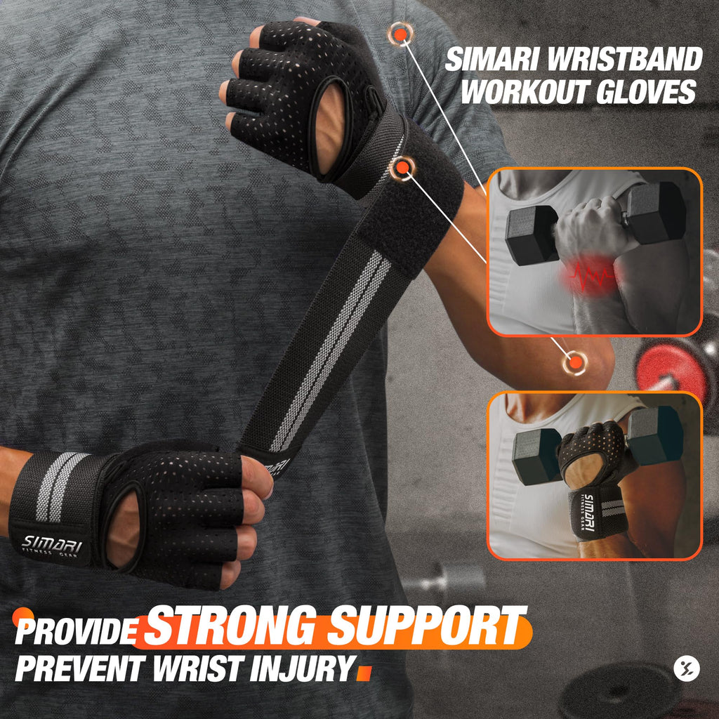 Simari Breathable Workout Gloves For Men Women, Padded Weight Lifting Gloves With Wrist Wraps Support, Full Palm Protection, Gri