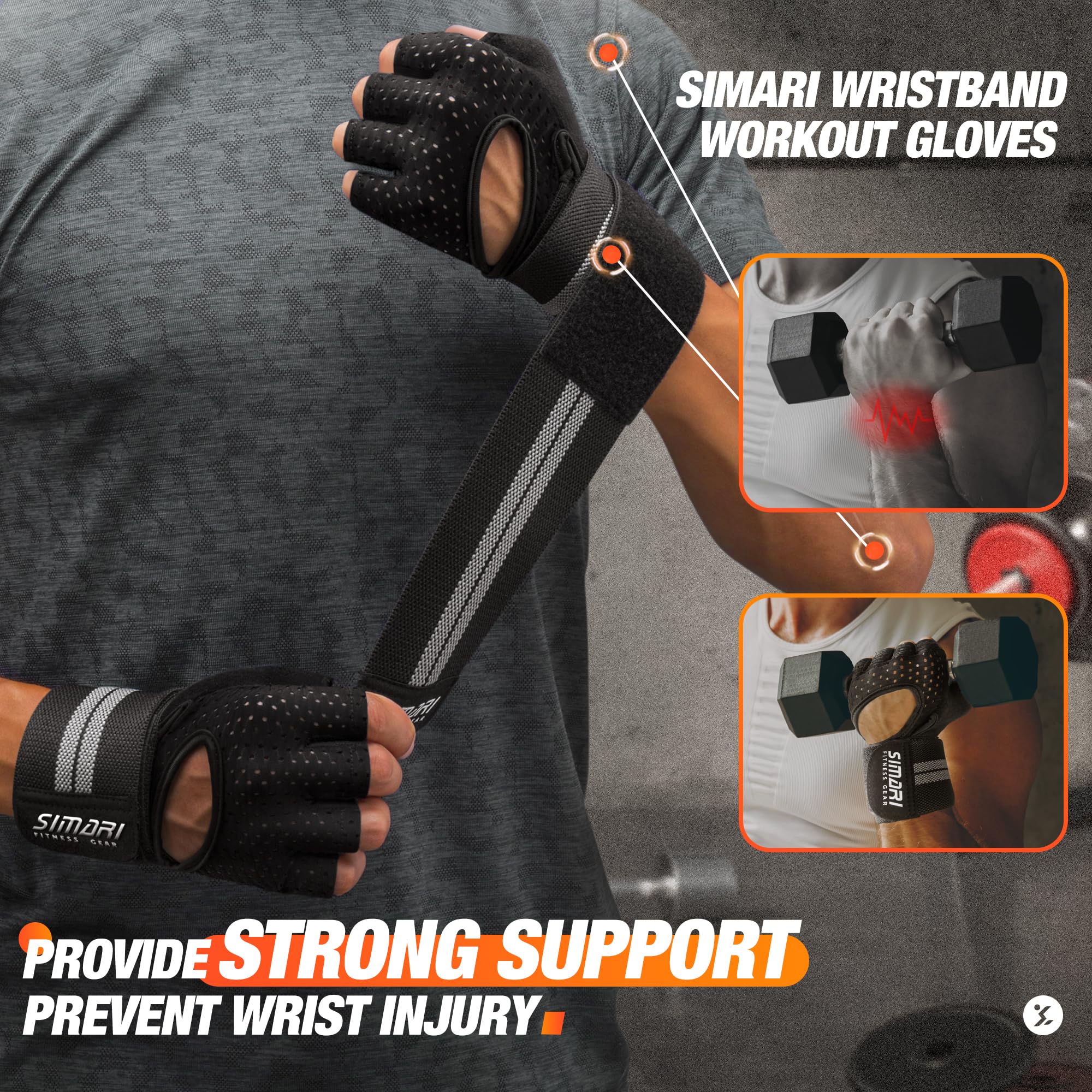Simari Breathable Workout Gloves For Men Women, Padded Weight Lifting Gloves With Wrist Wraps Support, Full Palm Protection, Gri