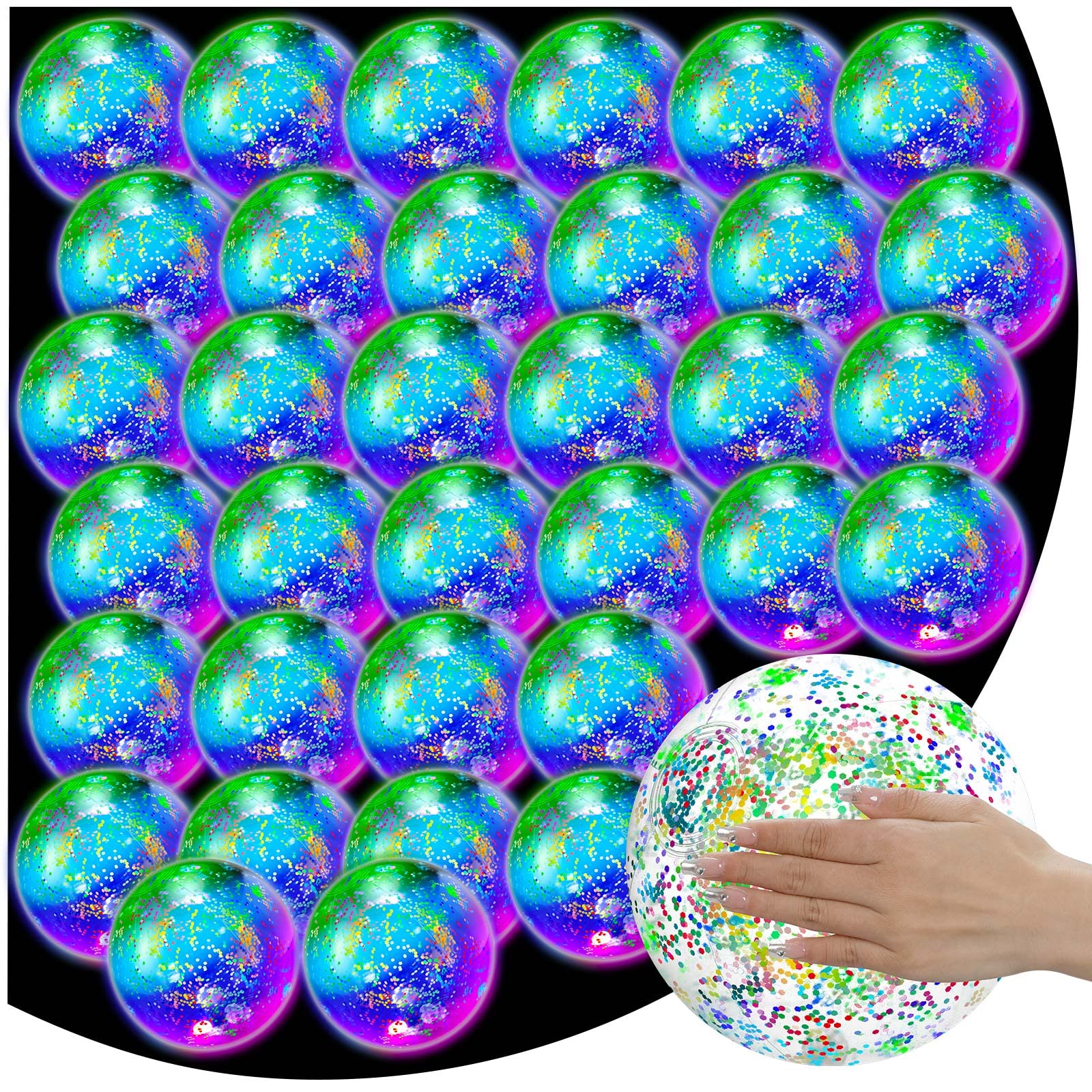 Meooeck 16 Pcs Light up Beach Balls LED Beach Balls 9 Inch Confetti Glitters Inflatable Glow in The Dark Pool Toys Bulk Pool Bal