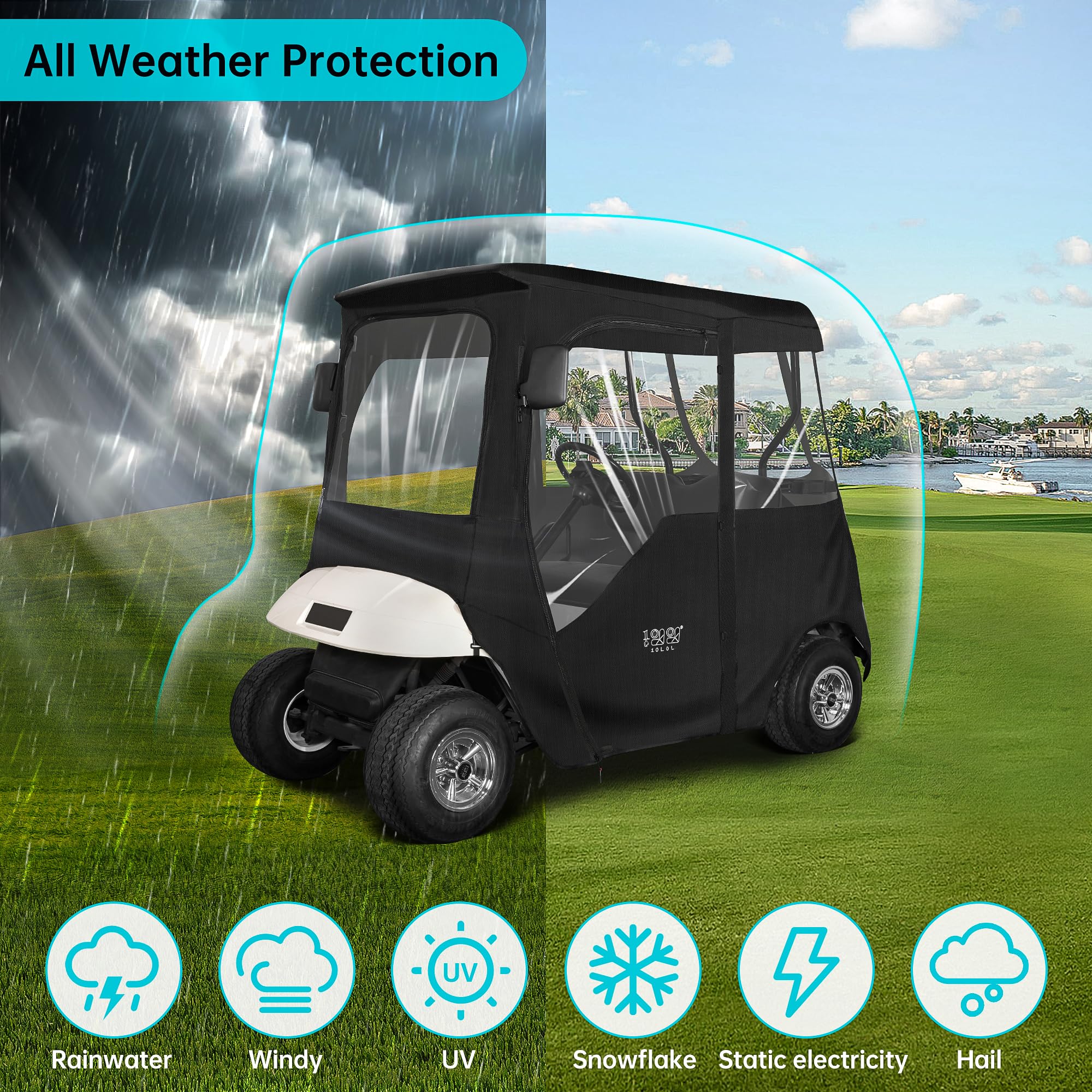 10L0L 2 Passenger Deluxe Golf Cart Driving Enclosure For Ezgo Txt And Rxv Model, 4-Sided Clear Window 600D Rain Cover All Weathe
