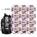 Select Numero 10 Turf Match Soccer Ball, 12-Ball Pack with Duffle Ball Bag and Hand Pump, White/Orange/Purple V25, Size 5