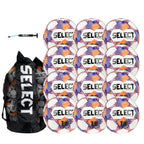 Select Numero 10 Turf Match Soccer Ball, 12-Ball Pack with Duffle Ball Bag and Hand Pump, White/Orange/Purple V25, Size 5
