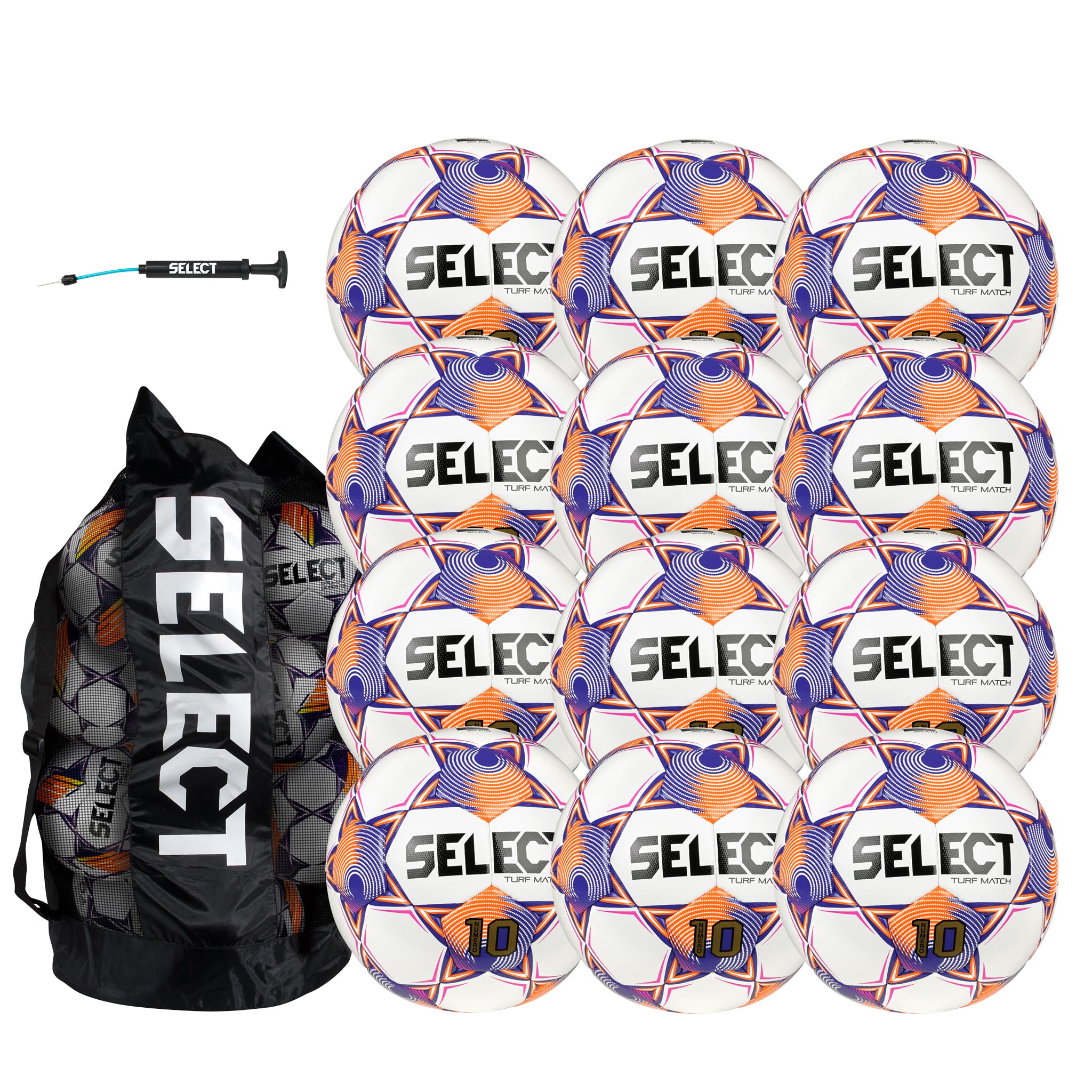 Select Numero 10 Turf Match Soccer Ball, 12-Ball Pack with Duffle Ball Bag and Hand Pump, White/Orange/Purple V25, Size 5