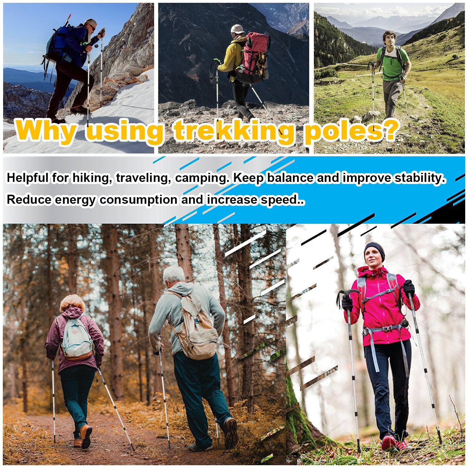 Aluminum Alloy Quick Lock Trekking Pole Anti-Shock Walking Stick Adjustable Cane Crutch For Mountains Trekking Hiking,Ultralight
