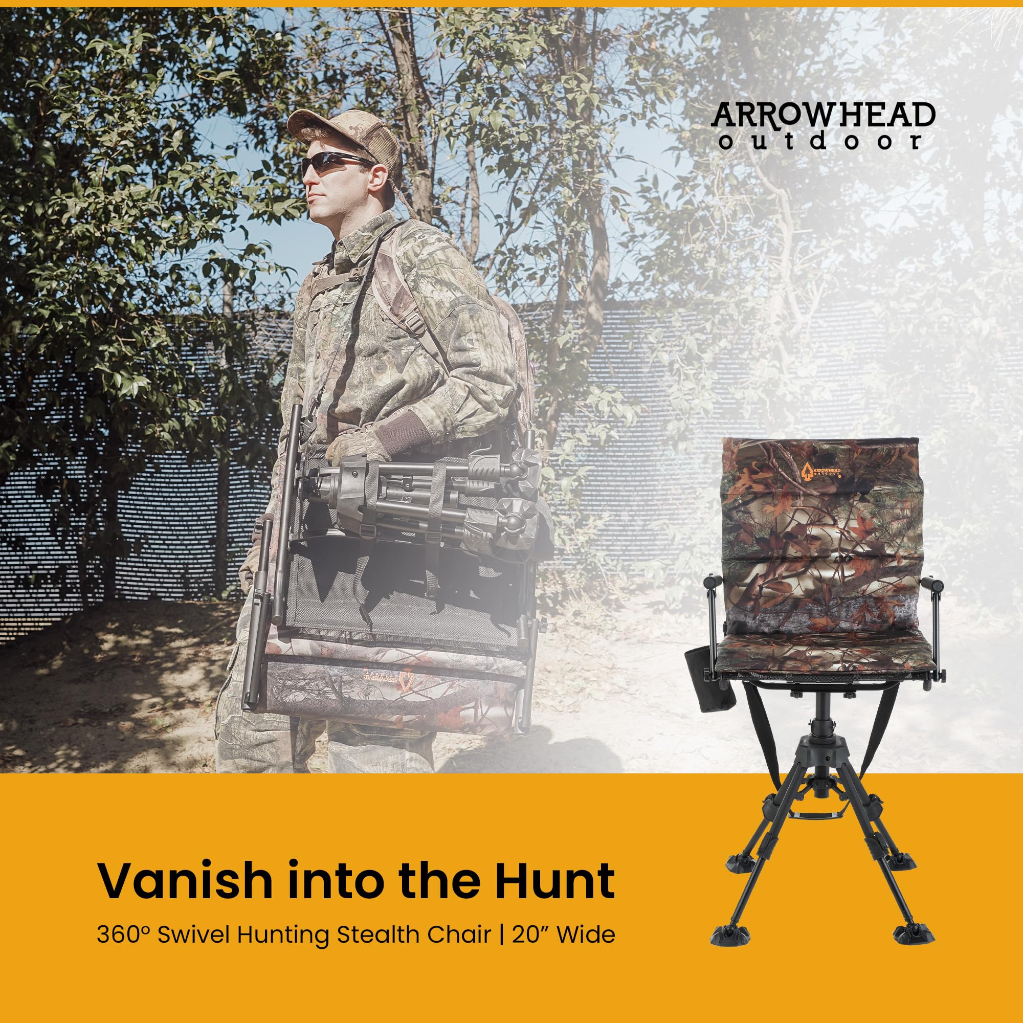 Arrowhead Outdoor 2-Pack Folding 360 Hunting Swivel Blind Chair With Removable Camouflage Seat Pad, Armrest, No-Sink Feet, Shoul