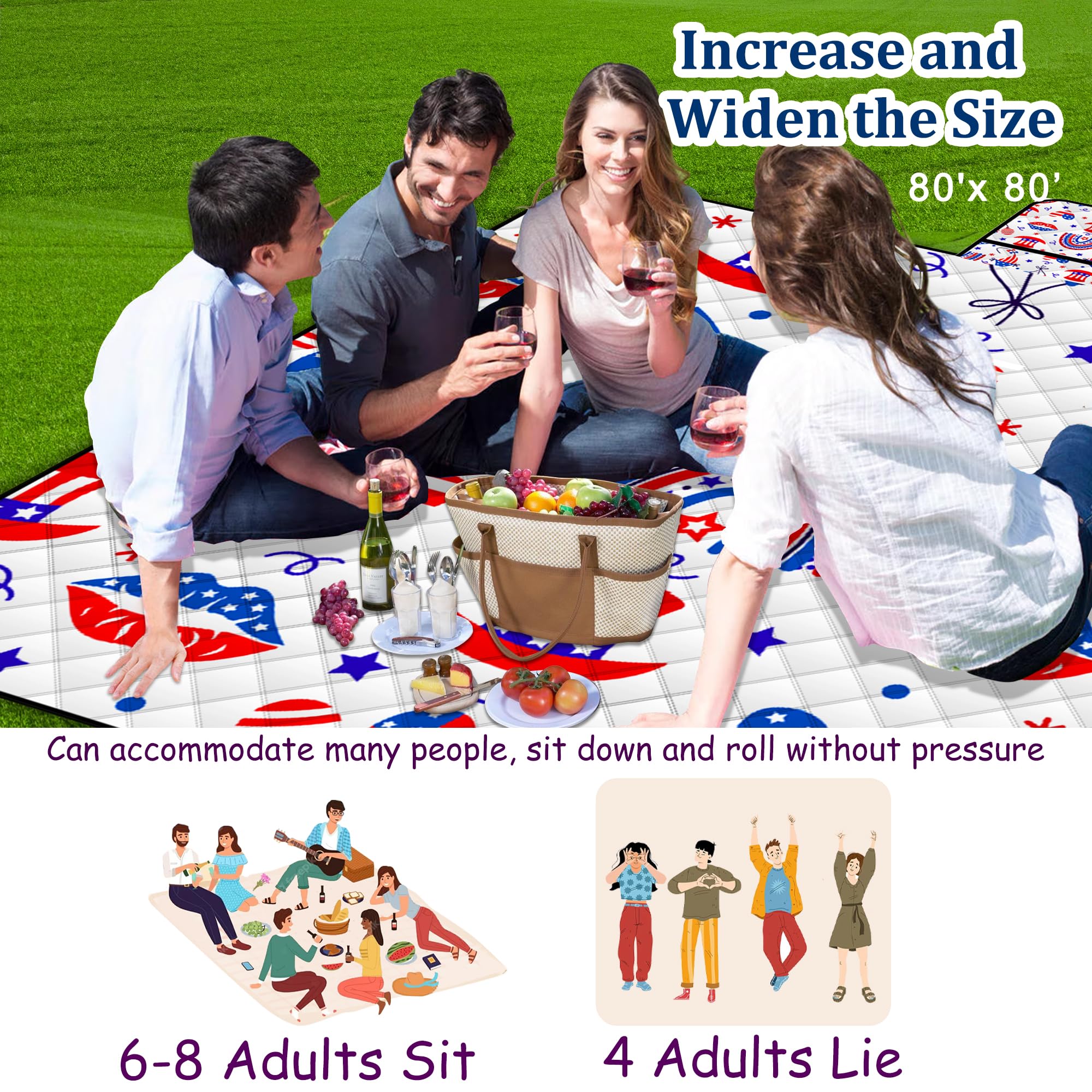 Extra Large Picnic Blanket Waterproof,80X 80Foldable Machine Washable Beach Blanket,Outdoor Blanket For 6-8 Adults,Suitable For