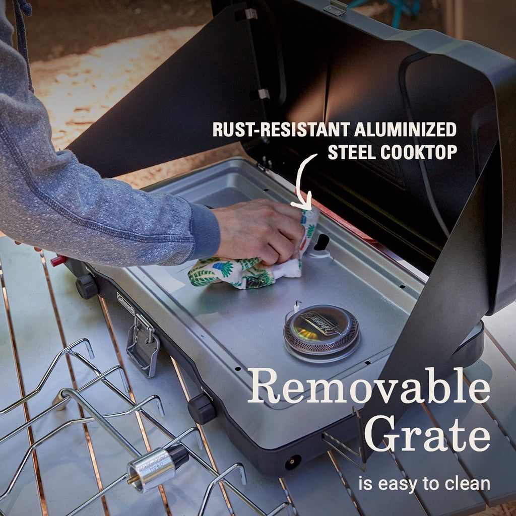 Coleman Triton+ Portable 2-Burner Propane Camping Stove, 22,000 Total Btus, Wind Guards, Adjustable Burners, Instant Push-Button