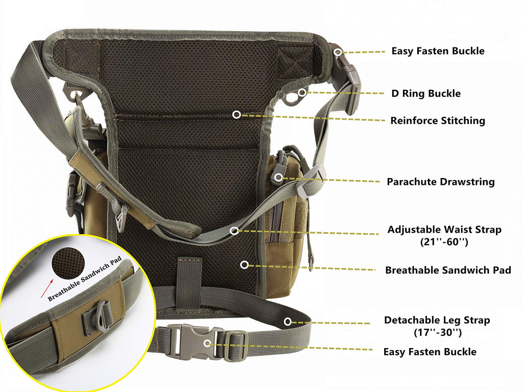 Jueachy Drop Leg Bag For Men Tactical Metal Detecting Thigh Pack With Water Bottle Pouch Tan