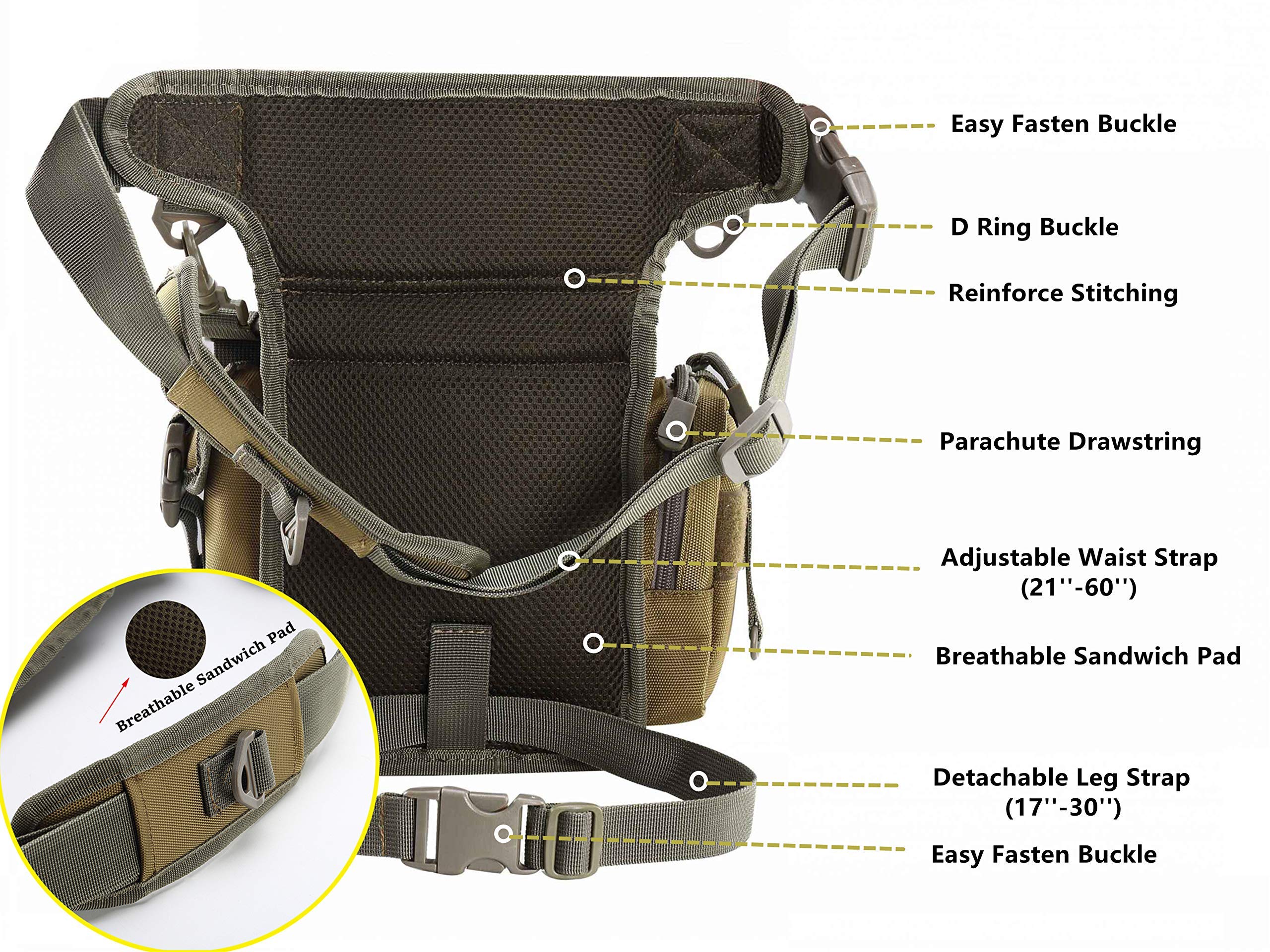 Jueachy Drop Leg Bag For Men Tactical Metal Detecting Thigh Pack With Water Bottle Pouch Tan