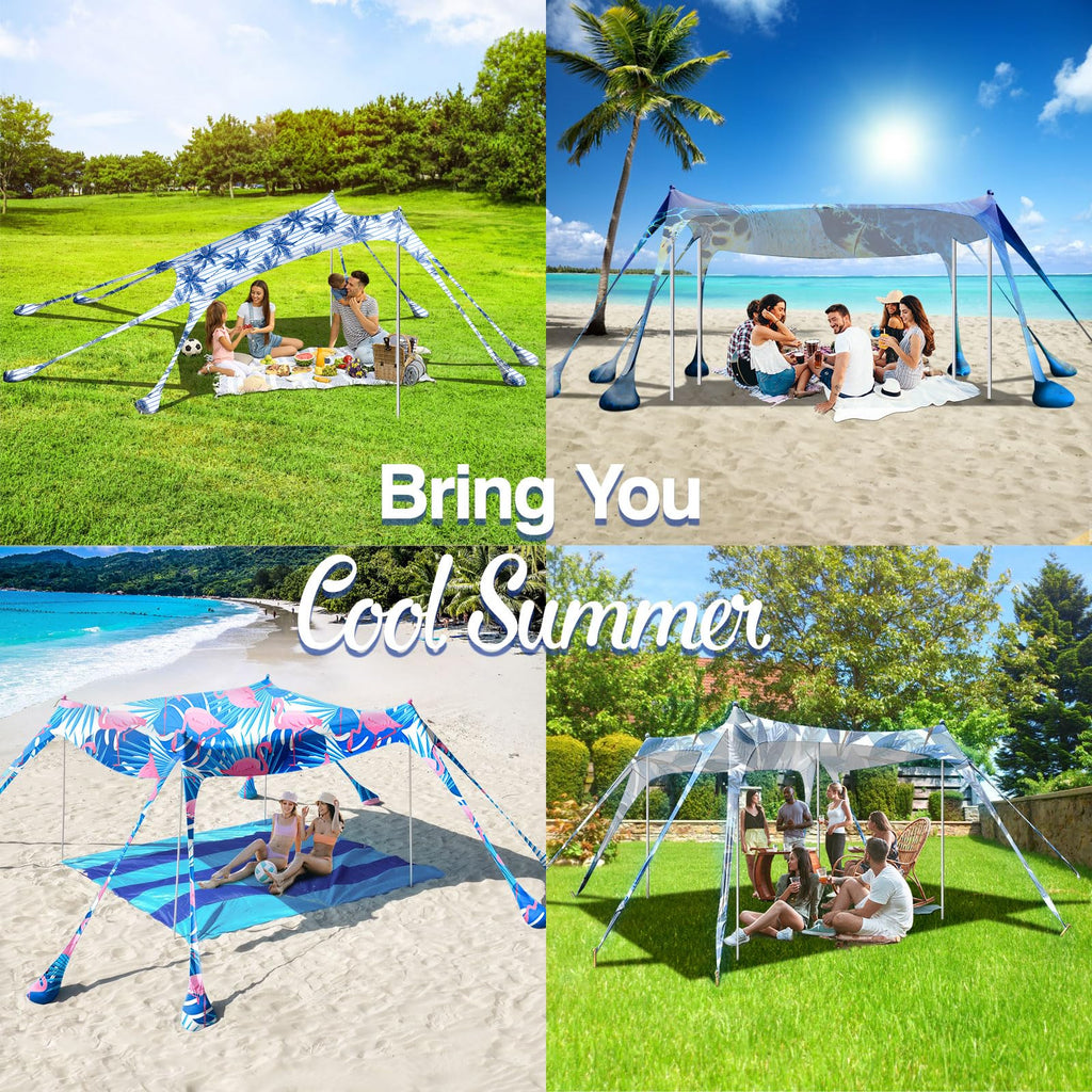 Rhino Valley Beach Tent,10X10 Ft Beach Shade Upf50+ Protection,Beach Canopy With 8 Sandbags 4 Stability Poles,Outdoor Beach Tent