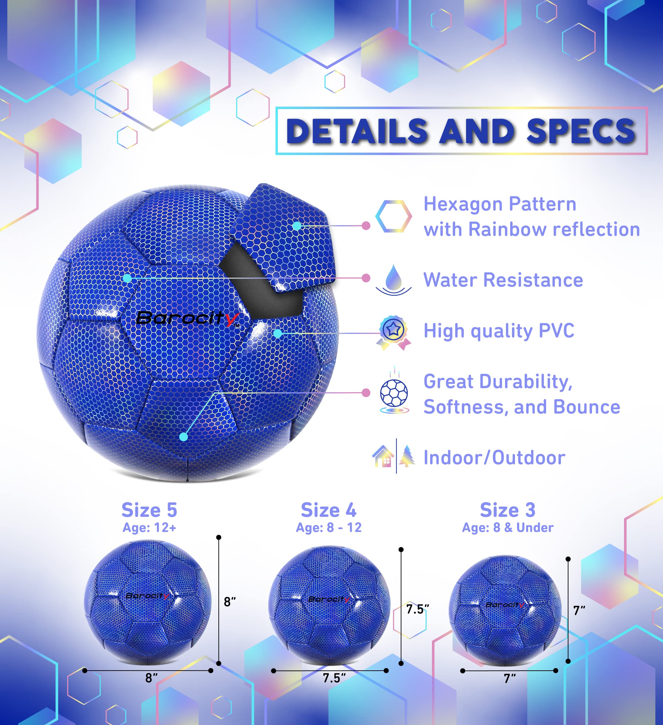 Barocity Soccer Ball - Boys And Girls Official Match Ball With Cool Reflective Rainbow Hex Pattern, For Indoor And Outdoor, Play